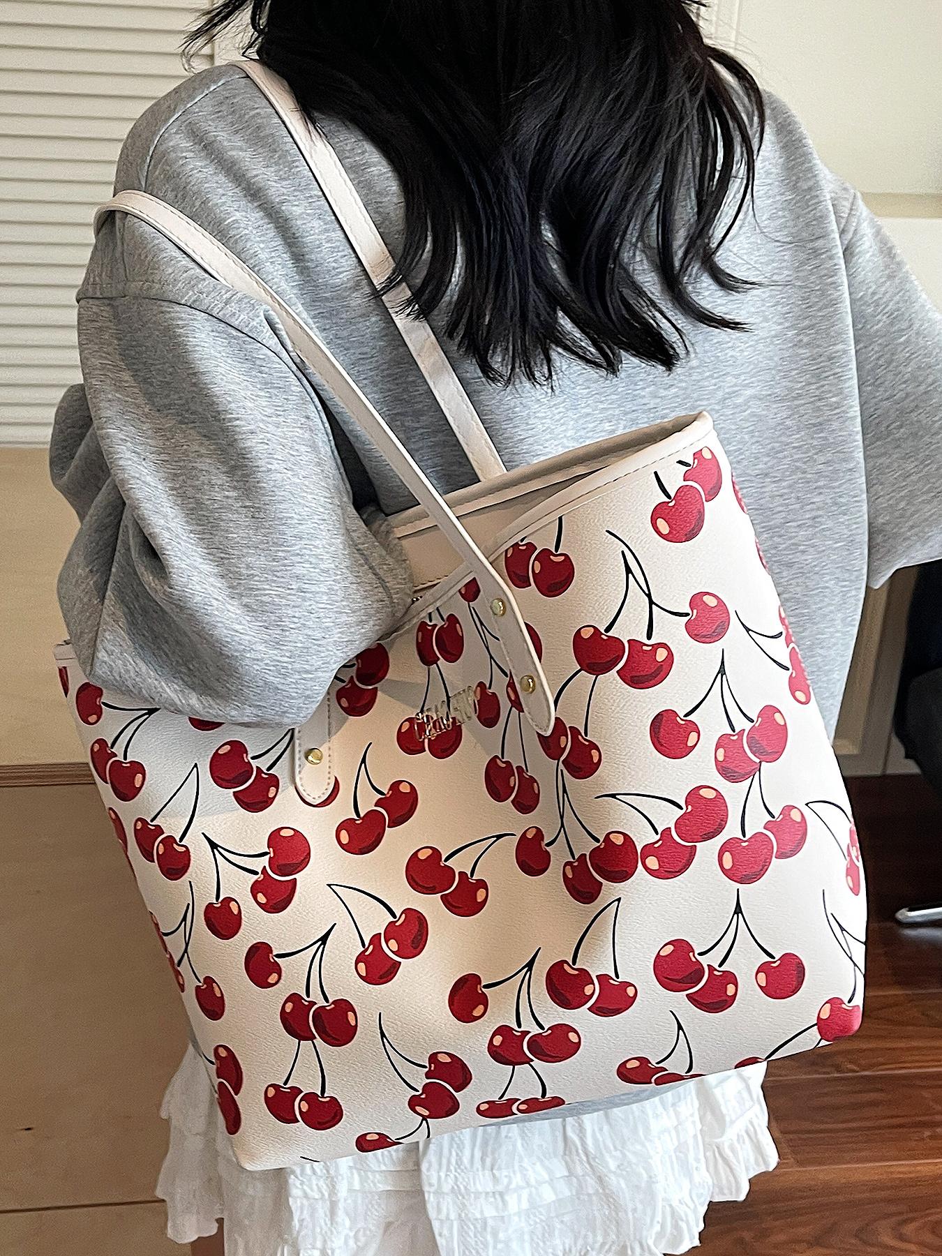 Niche cherry fruit pattern printed tote bag, Lightweight tote bag, one-shoulder underarm bag, casual handbag, Casual commuter bag, Casual trendy purses, versatile for daily commuting, multiple colors available, suitable for college students