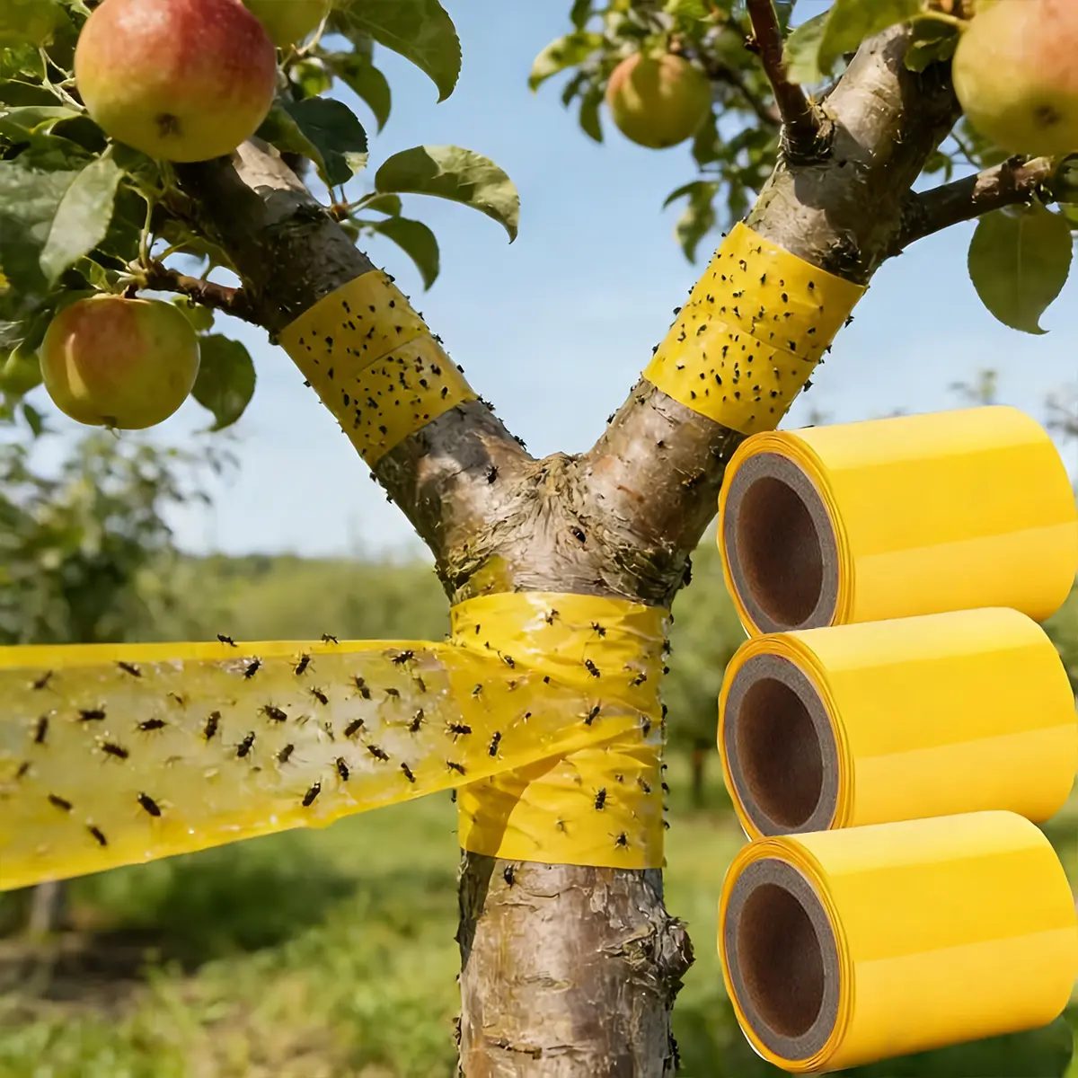 Self-Adhesive Double Sided Tree Insect Barrier Sticky Tape, Insect Proof, Non Toxic No Bait Garden Pest Control Sticky Trap, Yellow Bug Guard Tape For Fruit Trees Lawn Yard, Effectively Traps Ants Aphids Moths Outdoor Plant Protection Supplies