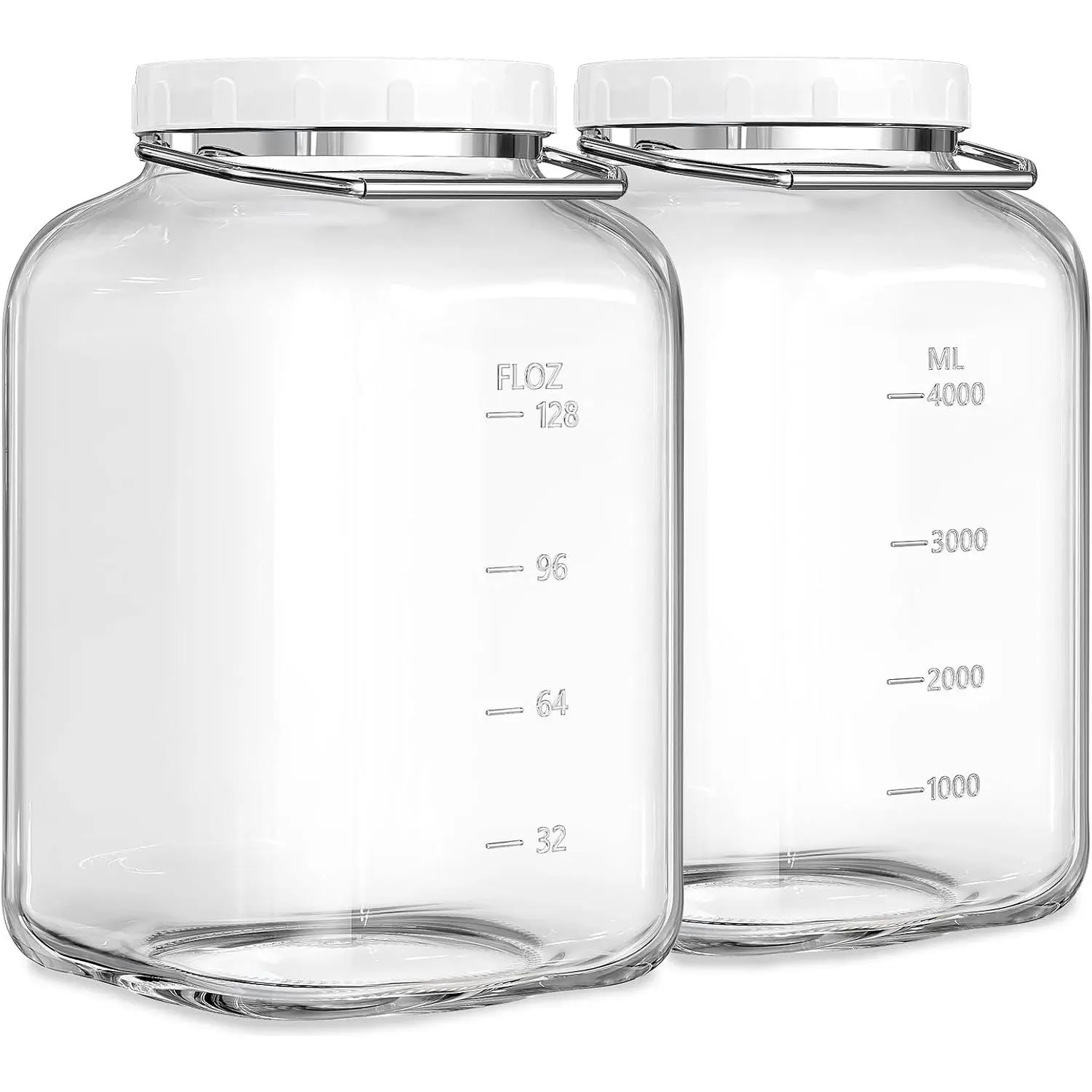 2-Pack Sturdy 1.5 Gal Wide Mouth Kitchen Glass Storage Jars with Airtight Lids, Stainless Steel Handles, ML/OZ Scale Lines, 4.3" Opening, Handy Portable Containers, Reuse