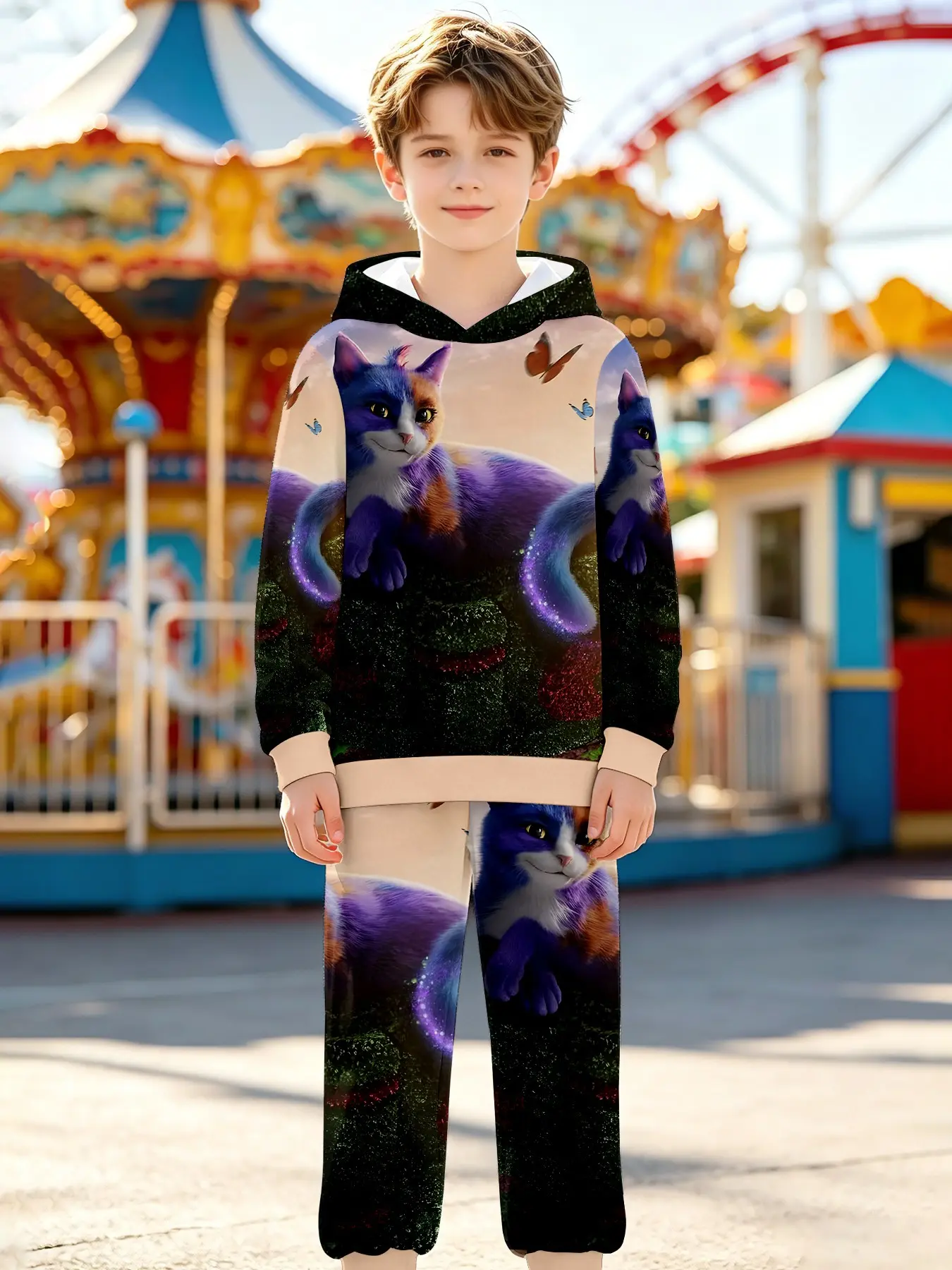 Unisex Kids Two-Piece Sports Set, Soft Loose Fit, Magical Plush Cat & Butterfly Print, Greenery Sky Full Print, Hooded