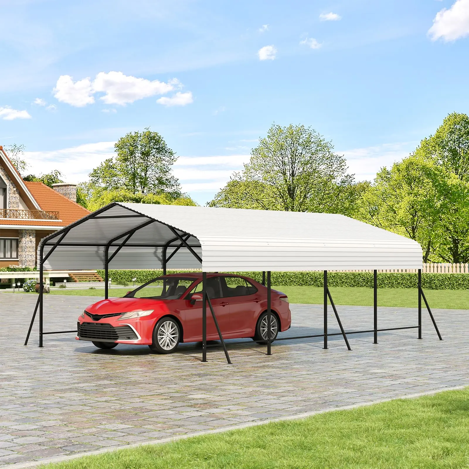 20x20x9FT Heavy Duty Metal Carport – Oversized Steel Frame Garage Shelter for Cars, Boats & Tractors