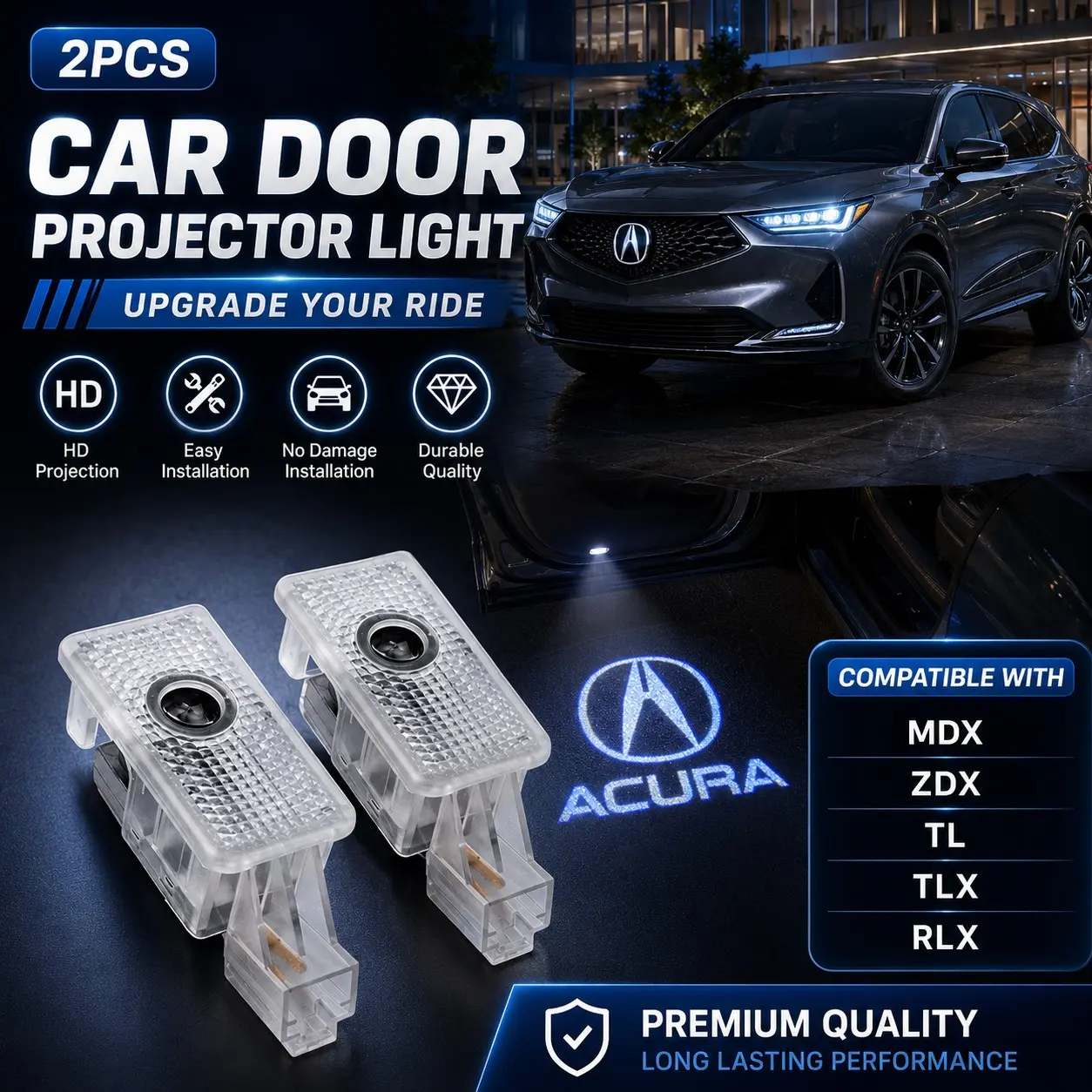 2PCS LED Car Door Projector Lights for Acura MDX ZDX TL TLX RLX, Laser Logo Projection Welcome Light, HD Ghost Shadow Lamp, 12V Cree Chip Door Logo Light, Plug & Play No Drill Installation, Premium ABS + Aluminum Alloy Auto Interior Decoration Accessories