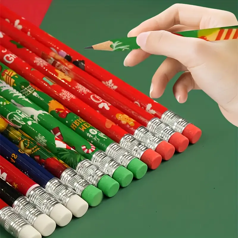 [Christmas Pencils] 12/24-Pack Wooden Christmas Pencils with Erasers - Holiday Pencil Pack with Snowman, Santa, Tree & Snowflake Patterns - Bulk Wood Lead Pencils for Classroom, School, Party Supplies