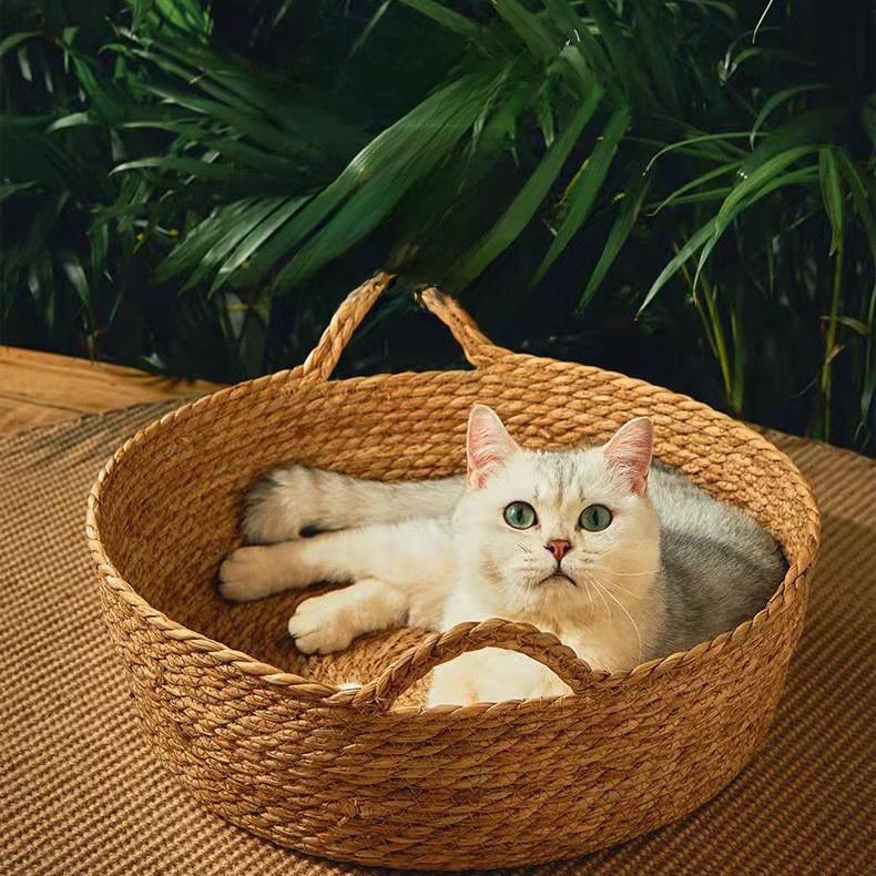SoPets Handwoven Cat Cave Bed Cooling Rattan Pet House with Scratching Board Washable Cozy Sleeping Nest for All Seasons Cats Dogs