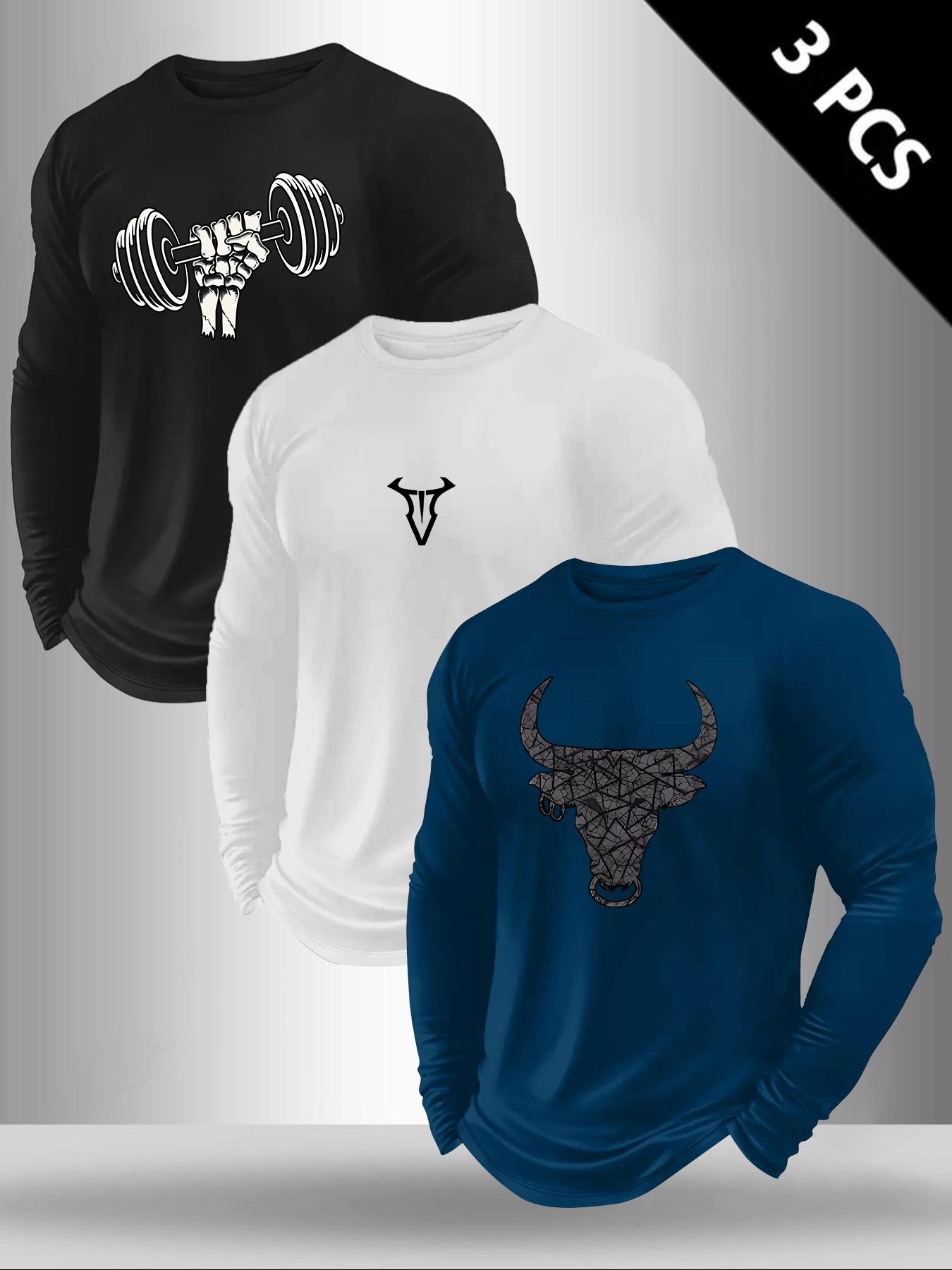 Men's Classic 3-Piece Set with Bull Pattern Print Long Sleeve T-Shirt, Casual Spring & Fall Layering Top, Fitted Comfortable Attire, Athletic Sports Clothing
