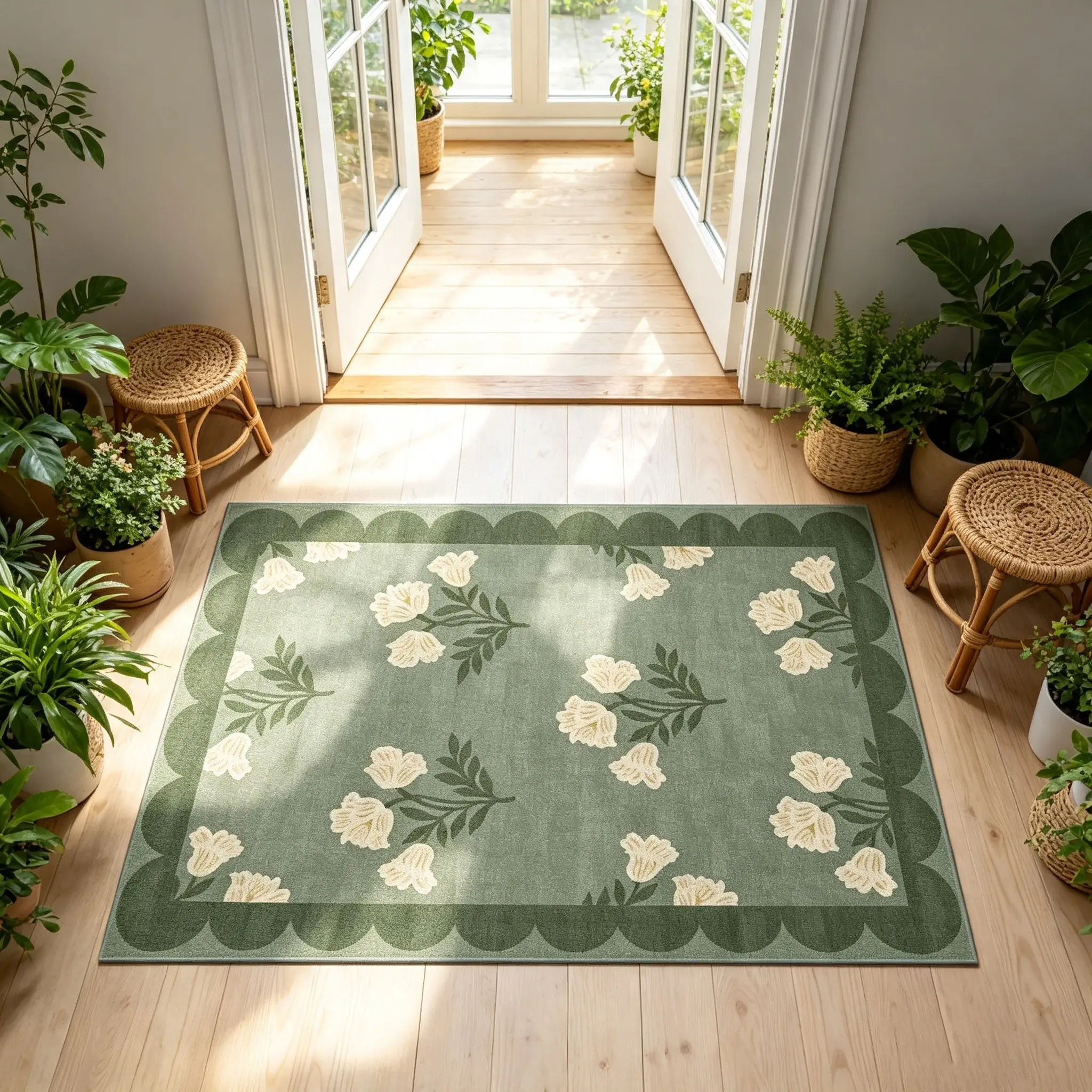 French Style Matcha Bellflower Entrance Rug, Soft Rectangular Mat, Non-Slip, for Living Room, Bedroom, Bathroom, Kitchen, Hallway