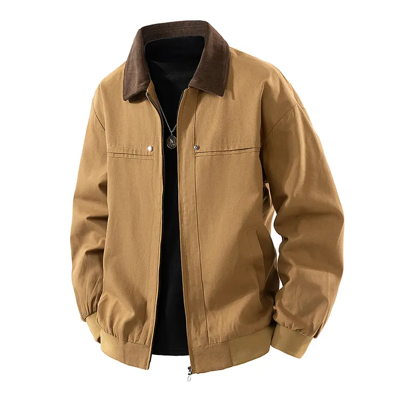 Men’s 100% Cotton Vintage Contrast Collar Longsleeves Work Jacket - Full Zip, Ribbed Cuffs, Ribbed Hem, Plain Foldable Minimalist Streetwear, Retro Fall Daily Outerwear, Jackets