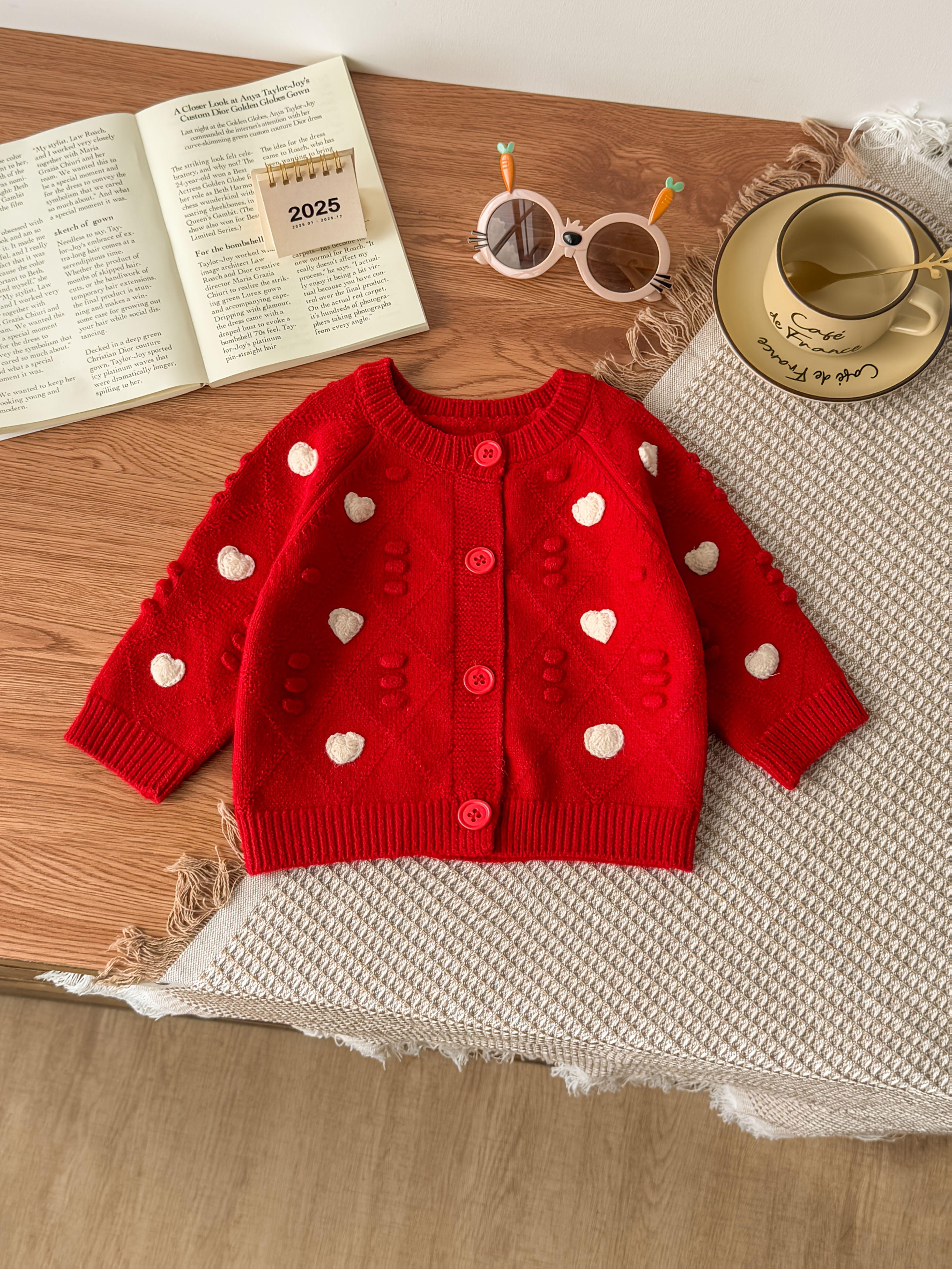Girls' Red Knit Cardigan with Heart Pattern - Long Sleeve, Button-Up, Round Neck, Stretchy Fabric, Perfect for Fall/Winter, Halloween & Casual Wear, Halloween Cardigan |           Playful Design |           Knit Construction, Halloween Clothes, Girl Cardi
