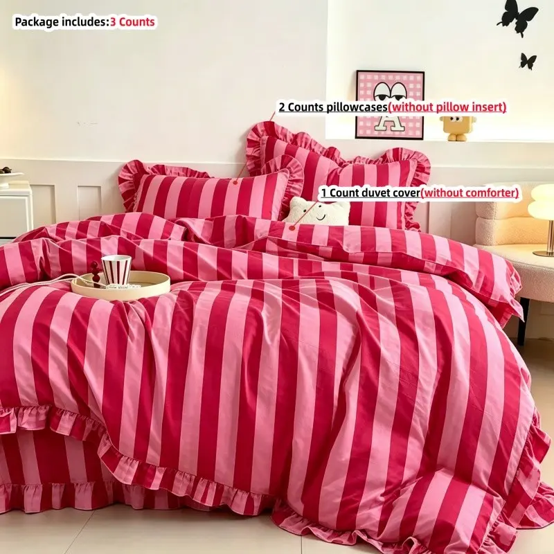 3pcs Striped Lace Bedding Set, Soft Lace Duvet Cover and Pillowcase, Zippered for Easy Care, Comfortable Fabric, Suitable for All Seasons