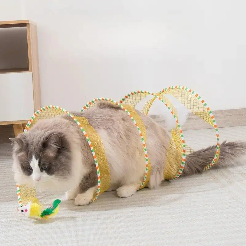 Spiral Cat Tunnel Toy Collapsible Interactive Cat Tube with Feather & Bell, 20 Inch Foldable Indoor Kitten Play Tunnel, Durable Self-Play Pet Toy, Stimulating Exercise Accessory for Indoor Cats & Small Pets, Fun Enrichment Cat Activity Toy for Daily Enter