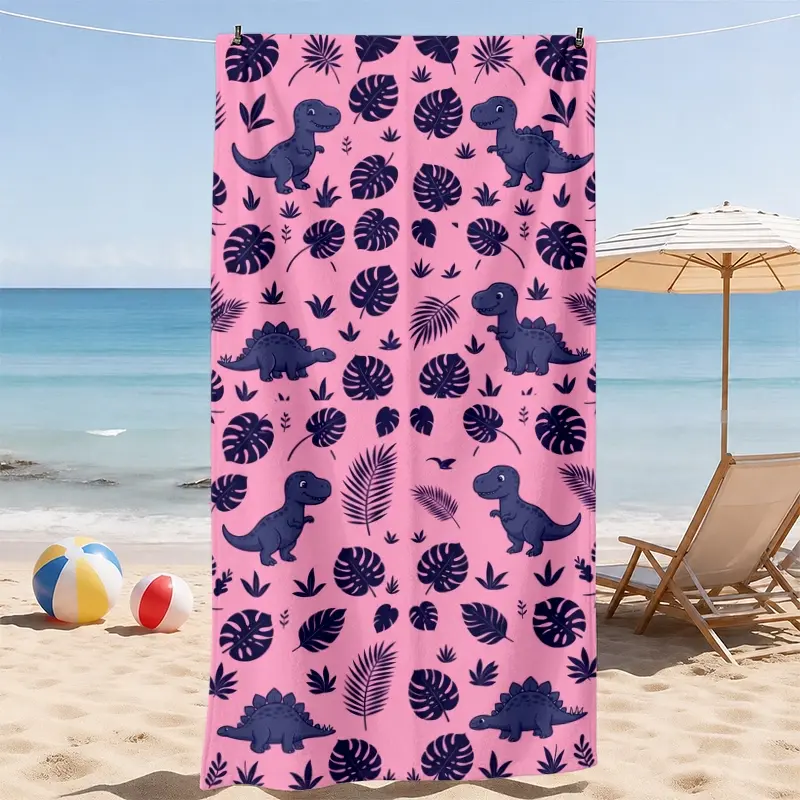 Dinosaur Plant Theme Beach Towel, Cute Dinosaur and Tropical Leaf Design, Soft and Lightweight, Ideal for Kids, Family Beach Activities