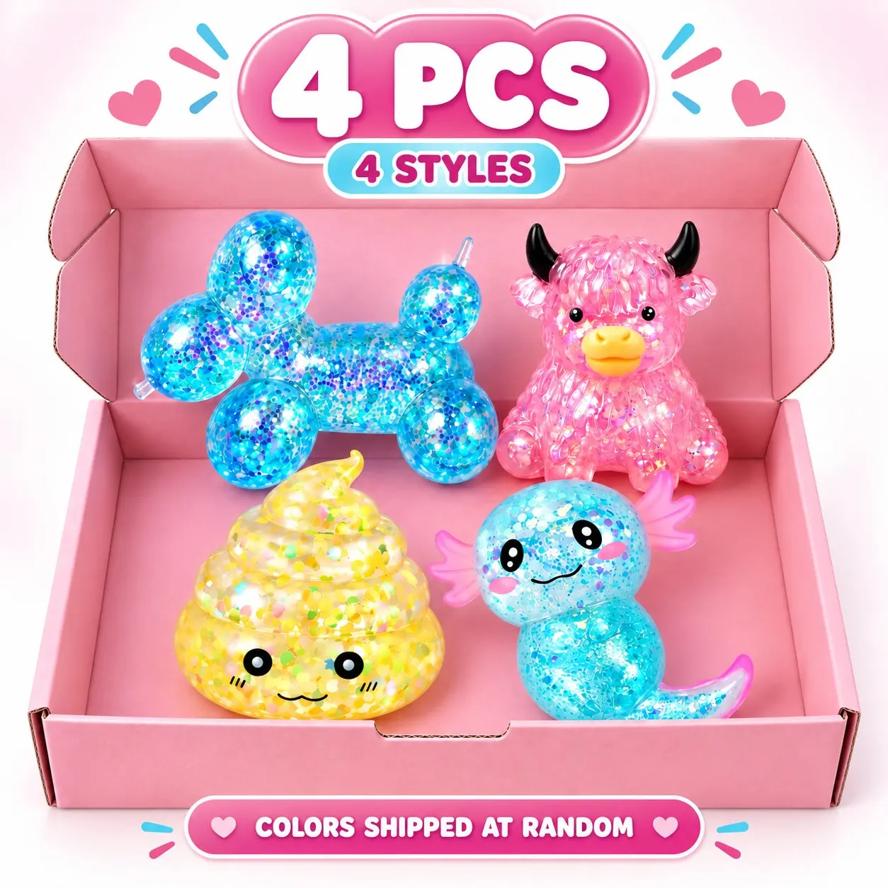 4PCS Glitter Squishy Toys Set, Soft Stretchy Sensory Fidget Toys, Squeeze Stress Relief Desk Toys, Cute Balloon Dog, Cow, Poop and Axolotl Squishies, 4 Assorted Shapes, Random Colors, Satisfying Gifts for Office Travel, Animal Fidgets