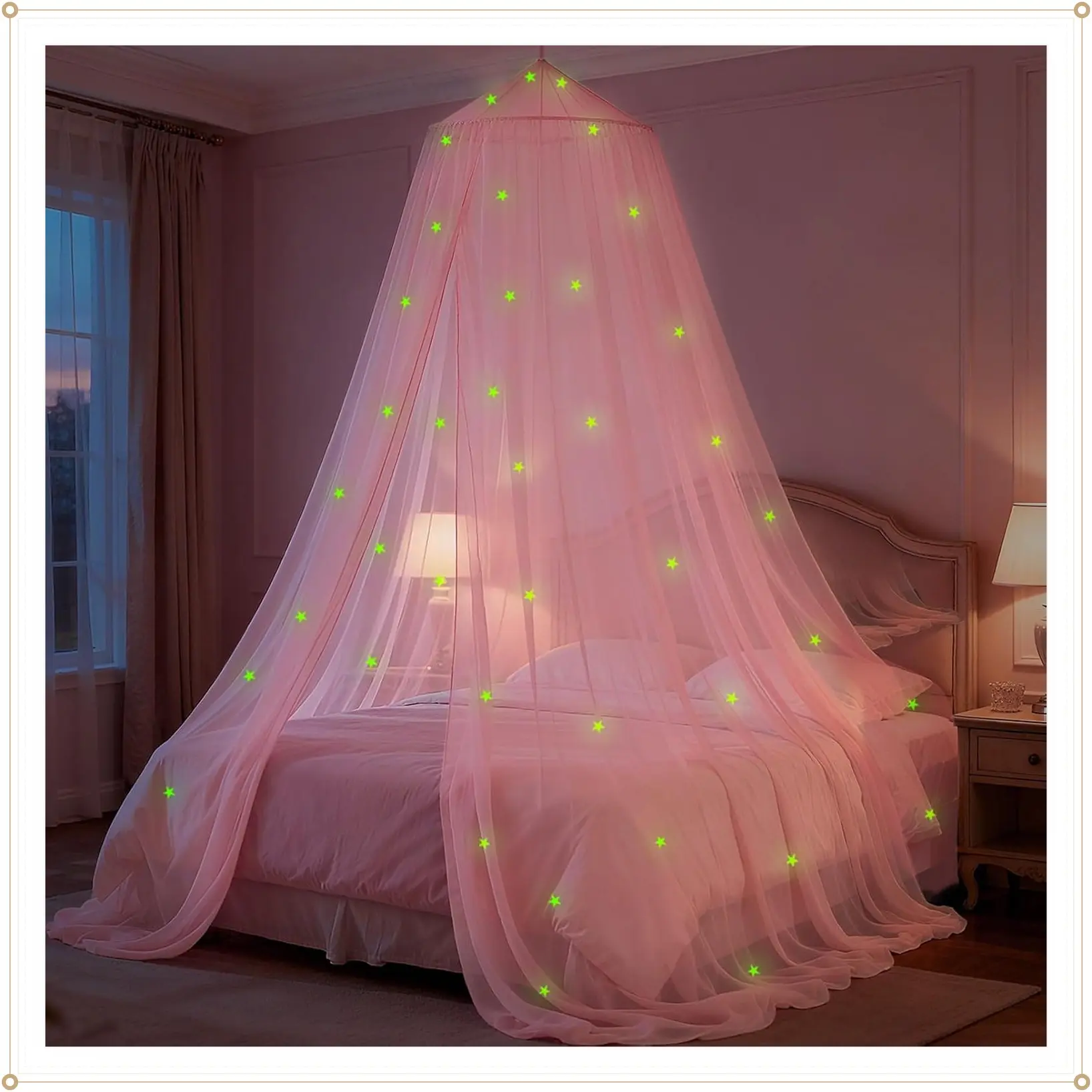 Pink Princess Bed Canopy for Girls with Glowing Stars, Canopy Curtains for Twin Full Queen Beds, Ceiling Tent for Reading Nooks, Mosquito Net for Indoor Room Decor and Outdoor UseGift
