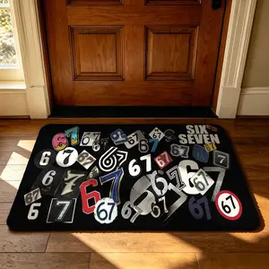 A rectangular indoor floor mat with the pattern of the numbers 67 on it. The mat is surrounded by a non-slip felt edge and made of silicone and soft silk. It can be machine-washed and is suitable for use as a dirt-resistant mat at the entrance, in