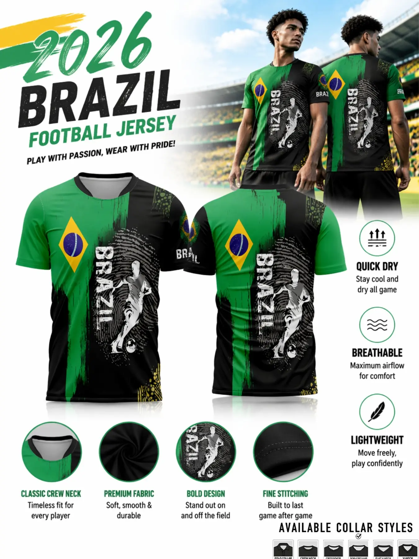Men's Brazilian Sport Short Sleeve Jersey, Loose Fit Print Tee, Ideal for Football Fans, Outdoor Activities, Daily Wear