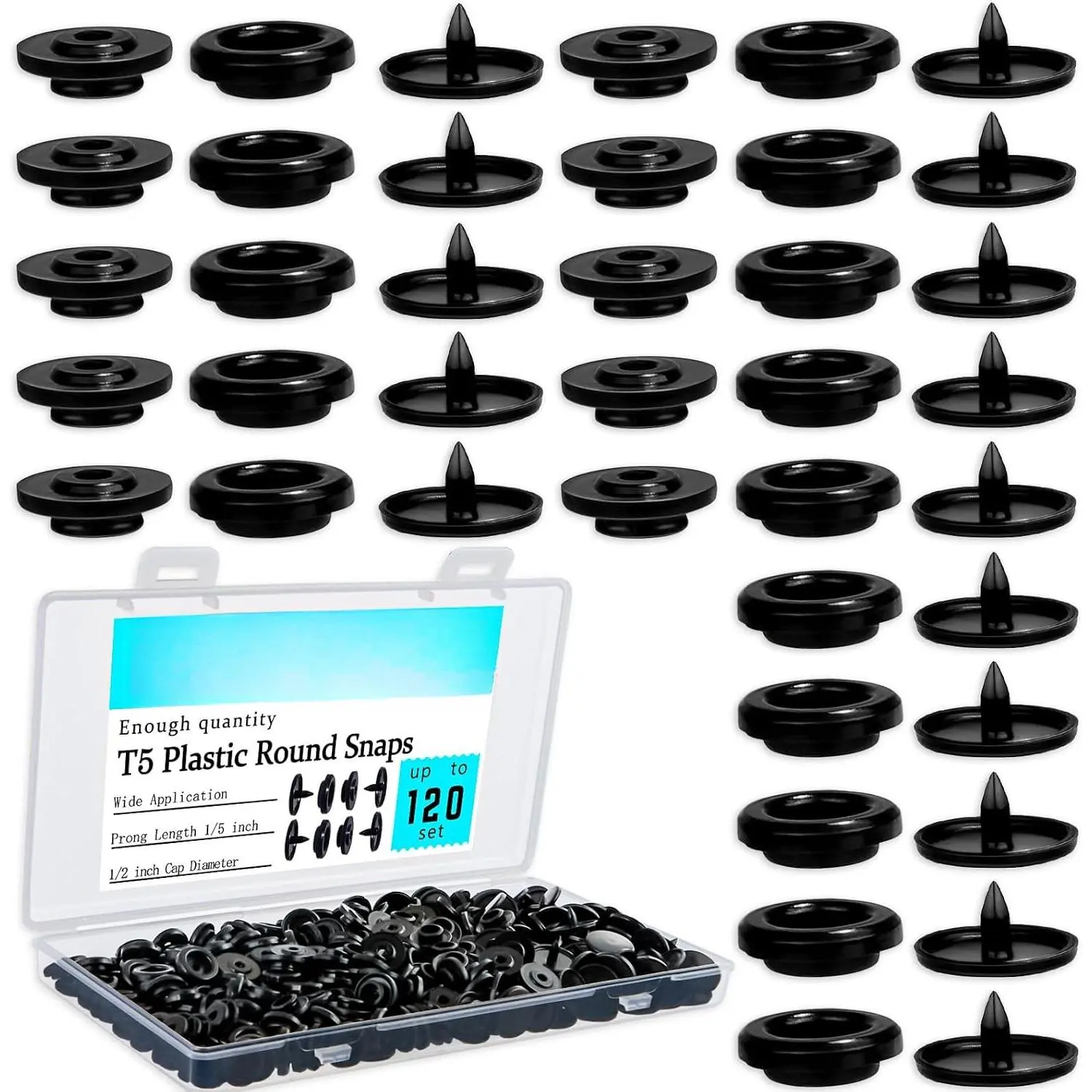 Black T5 Snap Buttons for Fabric - 120 Sets Button Set Haberdashery, 1/2 in High Hardness Snap Fasteners for Clothing Repair, Crafts, with Storage Box (Craft Drawers Compatible)