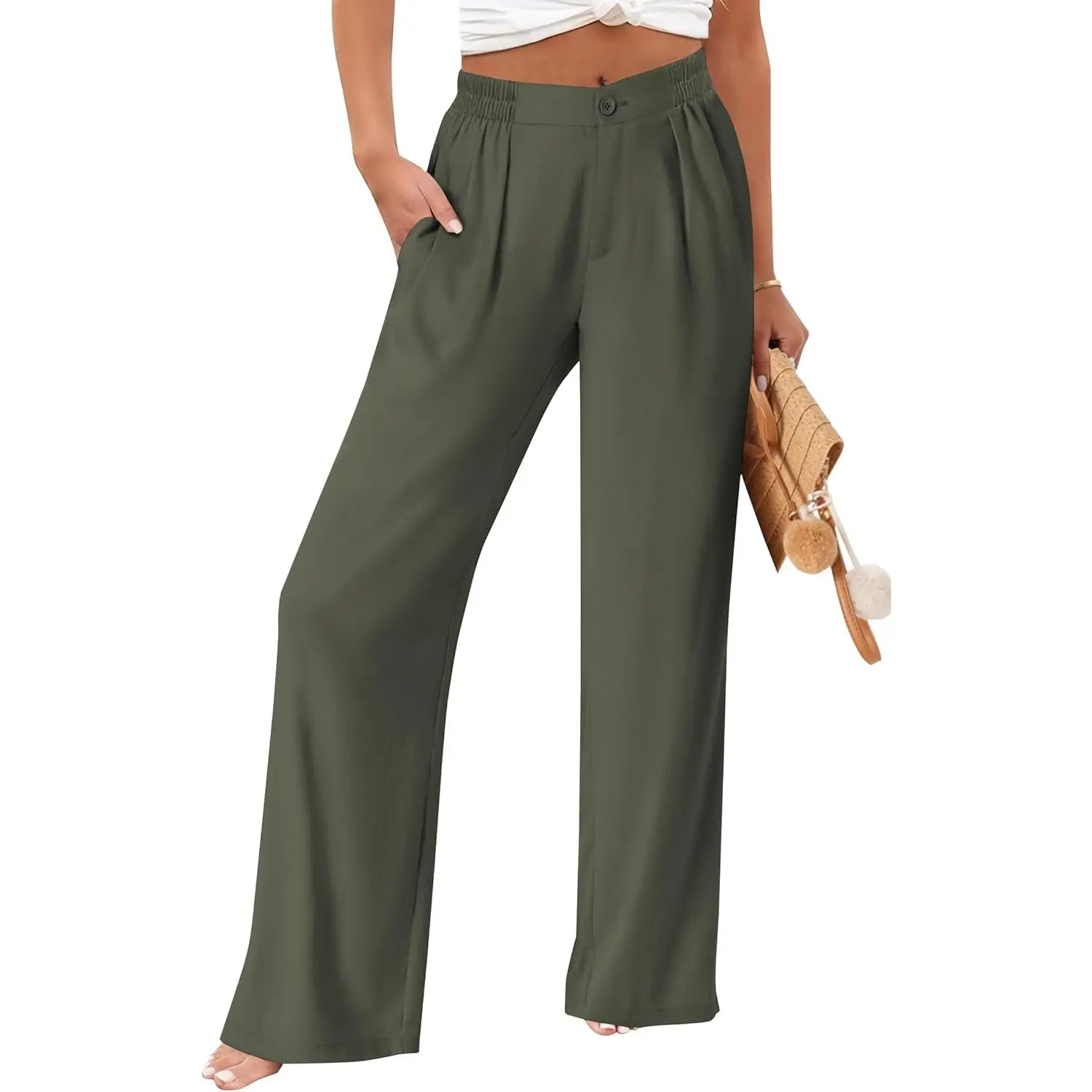 Women's High Waist Wide Leg Palazzo Pants, Chic Boho Cotton-Linen Trousers with Pockets for Summer Vacation & Maternity, Blouse, Elegant, Top, Bohemian, Crop, Comfortable, Elastic, Lightweight, Fabric, Bottoms, Casual, Flat, Style