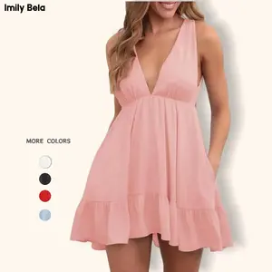 Imily Bela Womens Summer Mini Dress Loose Ruffle Deep V-Neck Backless Strap Solid Casual Short Dresses with Pockets