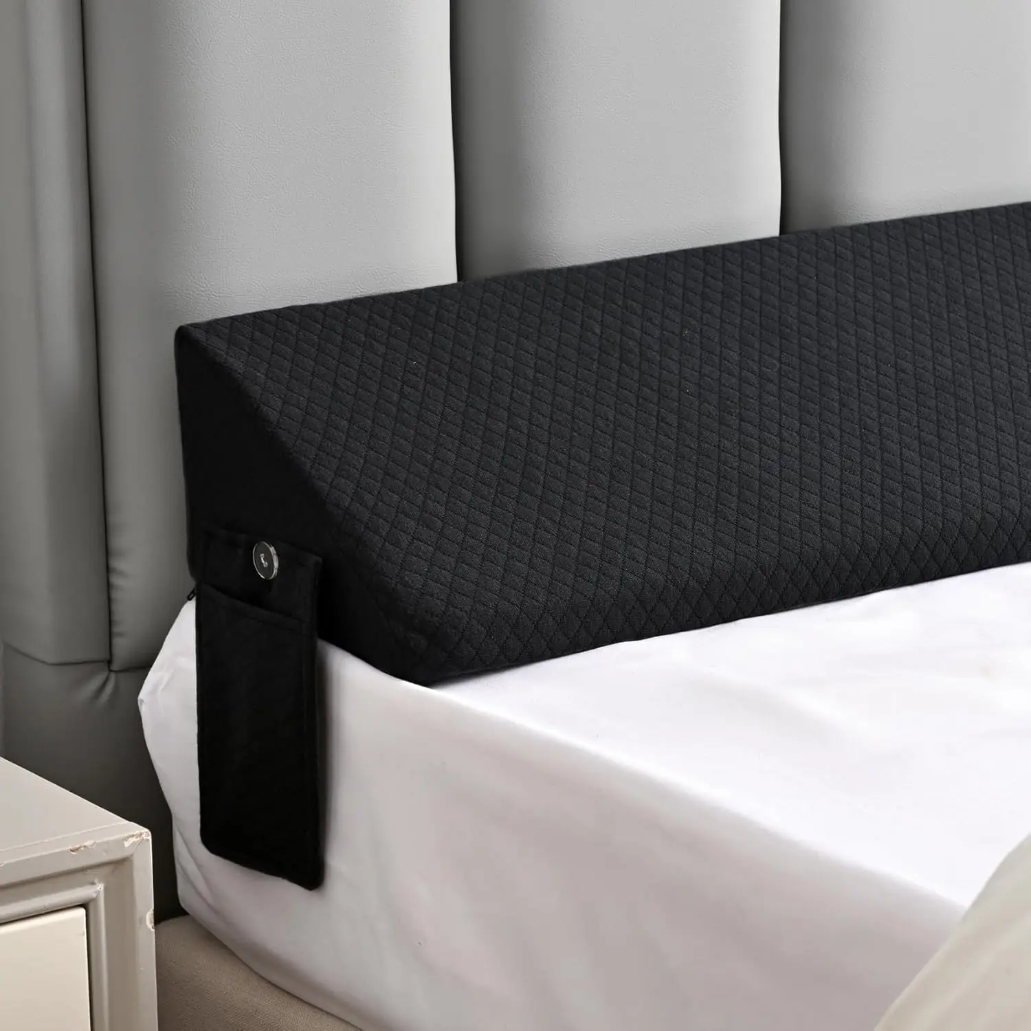 Bed Wedge Pillow Headboard & Mattress Gap Filler, Long Triangle Edge Corner Pillows 10x6x76in, Dense Foam, Black, with Pockets Prevents Pillow/Toy Drops, Bed Accessories Home Collection