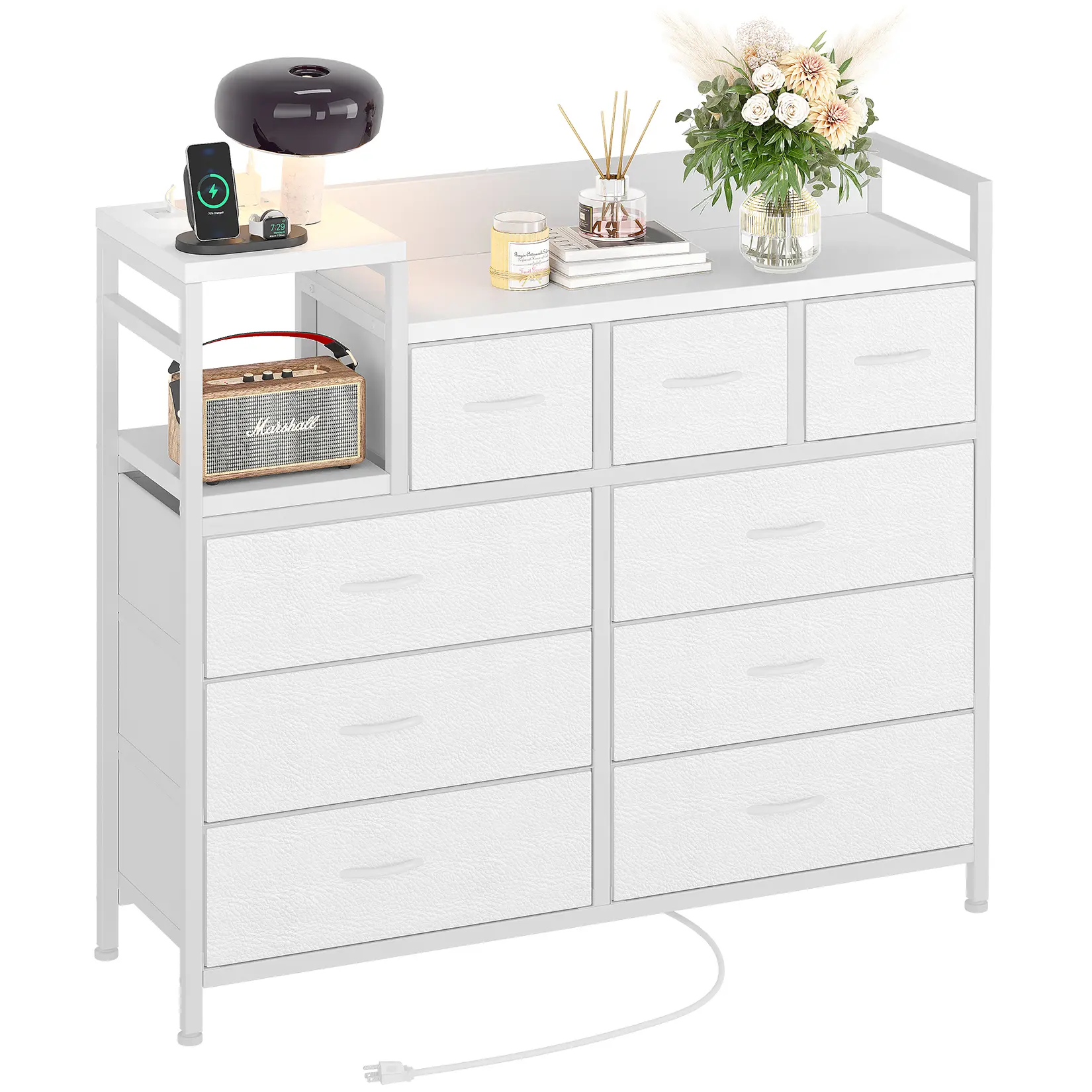 9-Drawer Fabric Dresser with Charging Station, White Chest of Drawers with 2 AC Outlets and 2 USB-A Ports, Metal Frame, Open Shelf, Wood Top and Fabric Storage Organizer for Bedroom, Closet, Living Room, Entryway, Dorm, Apartment and Small Spaces