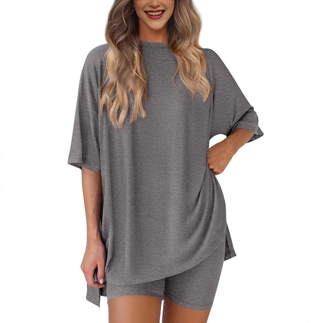 Women's 2-Piece Lounge & Workout Set |   Oversized Side Split T-Shirt + High Waist Shorts, Solid Comfy Outfit XS-4XL