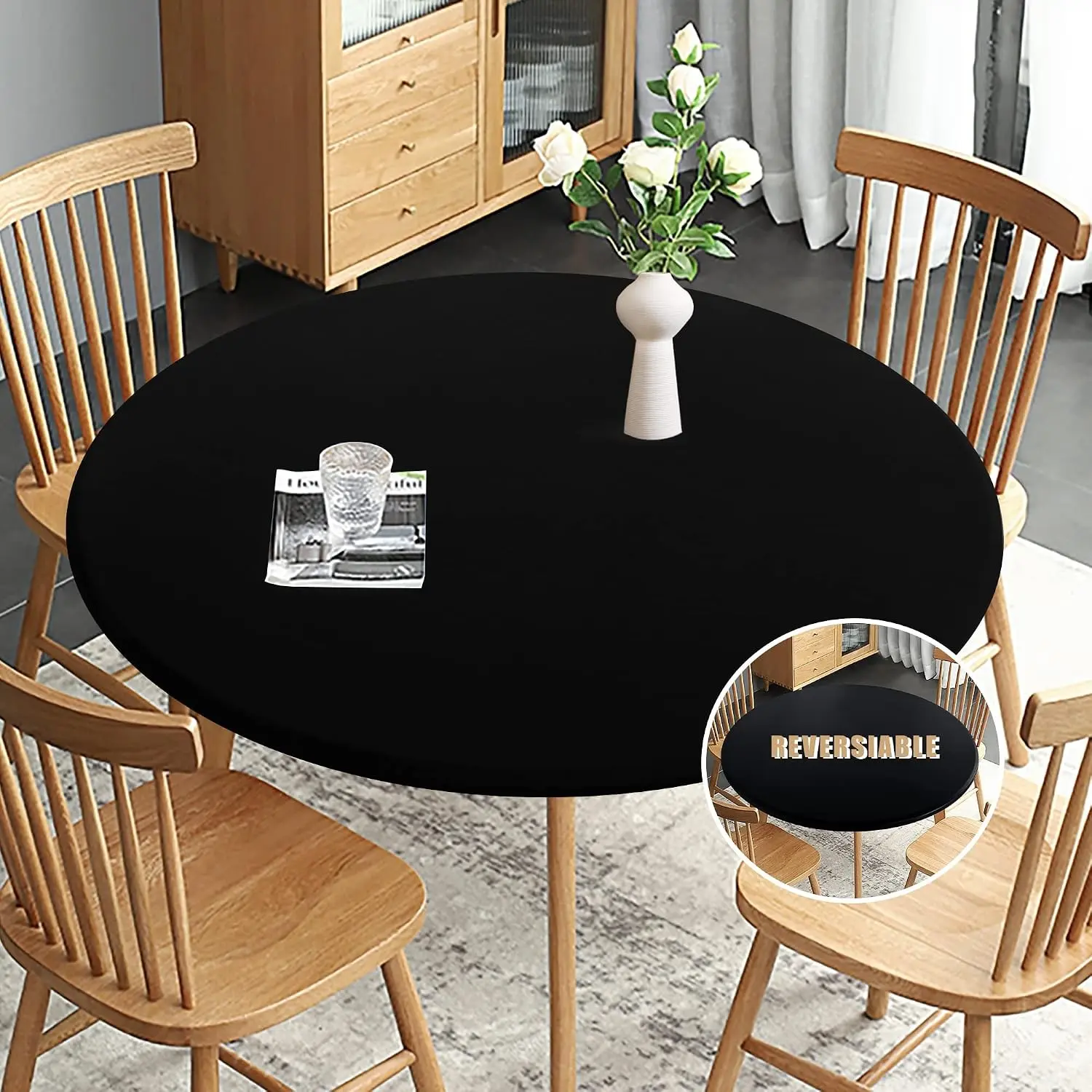 Fitted Round Table Cloth, Reversible Waterproof Stain Resistant Elastic Stretch Tablecloth, Wipe Clean Table Cover for Outdoor/Indoor Use, Fits Round Tables up to 40" - 44" Diameter, Black