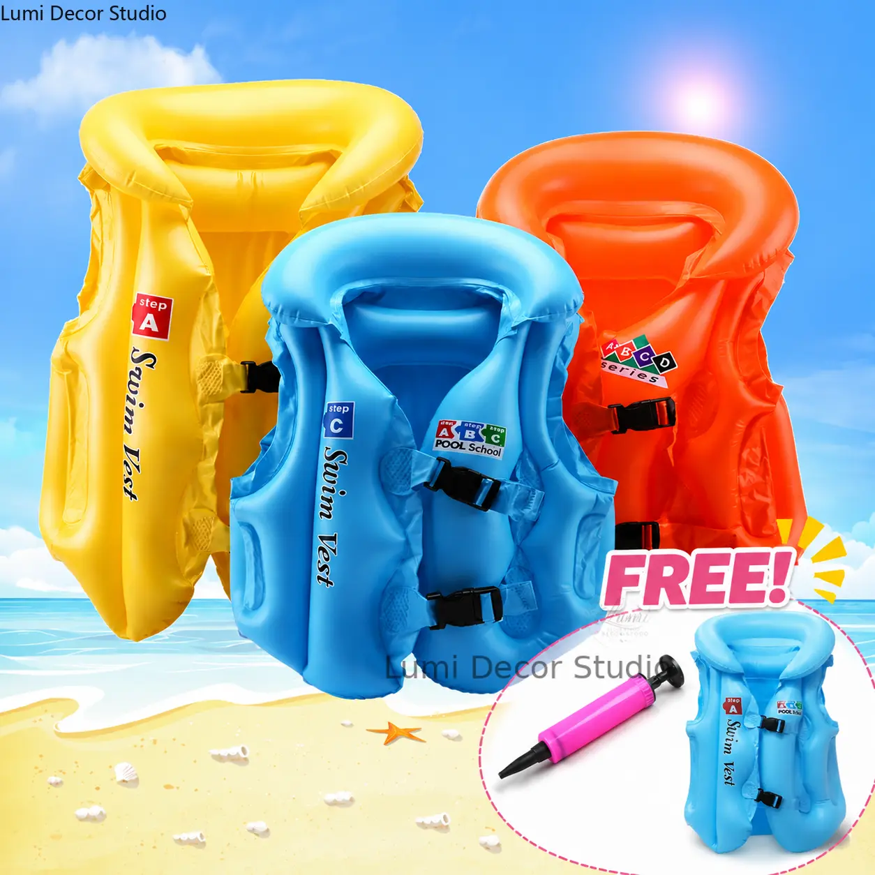 Children Inflatable Swimming Vest For Kids Baby Learning To Swim Buoyancy Life Jacket With Three Air Chambers Dual Adjustment Buckles Thickened Safety Support Water Training Float Vest With Air Pump Included Free Air Pump Lightweight Comfortable Fit Pool