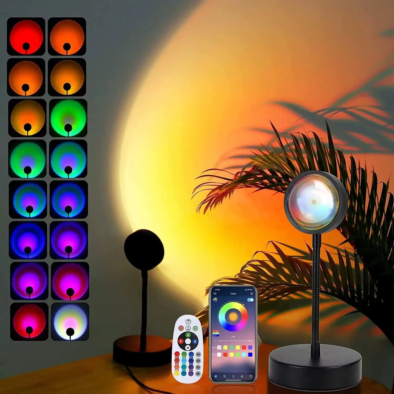 JIMEI 10W RGB Sunset Lamp, 360° Rotatable LED Mood Projector, Bedroom Desktop Home Decor Gift for Women