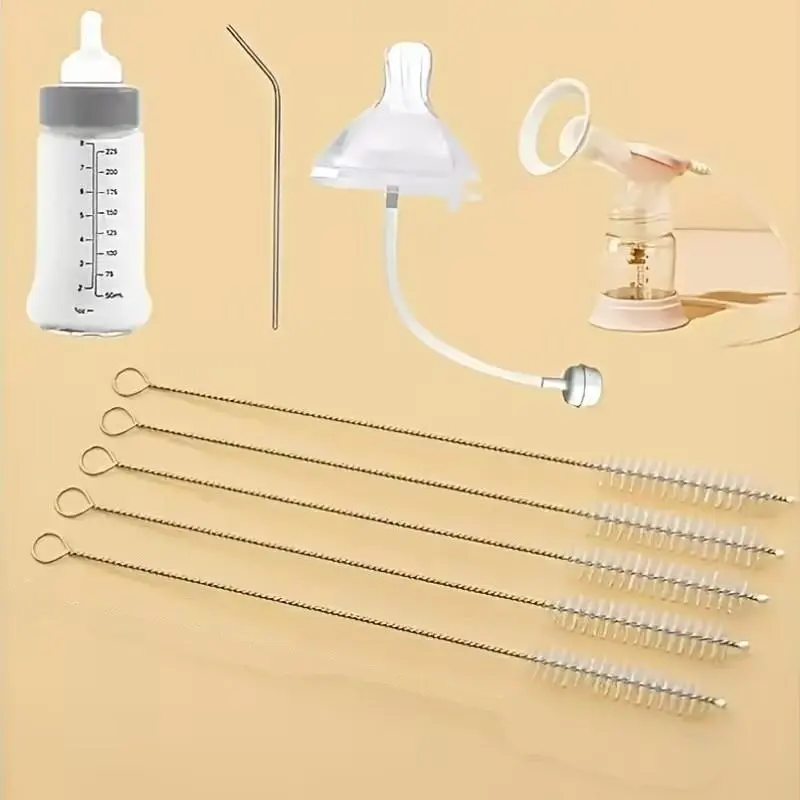 5-Pack Stainless Steel Handle Soft Bristle Straw Brushes, Reusable Cleaning Brushes for Keyboard, Small Pipes, Mini Bottles, Kitchen & Car Accessories
