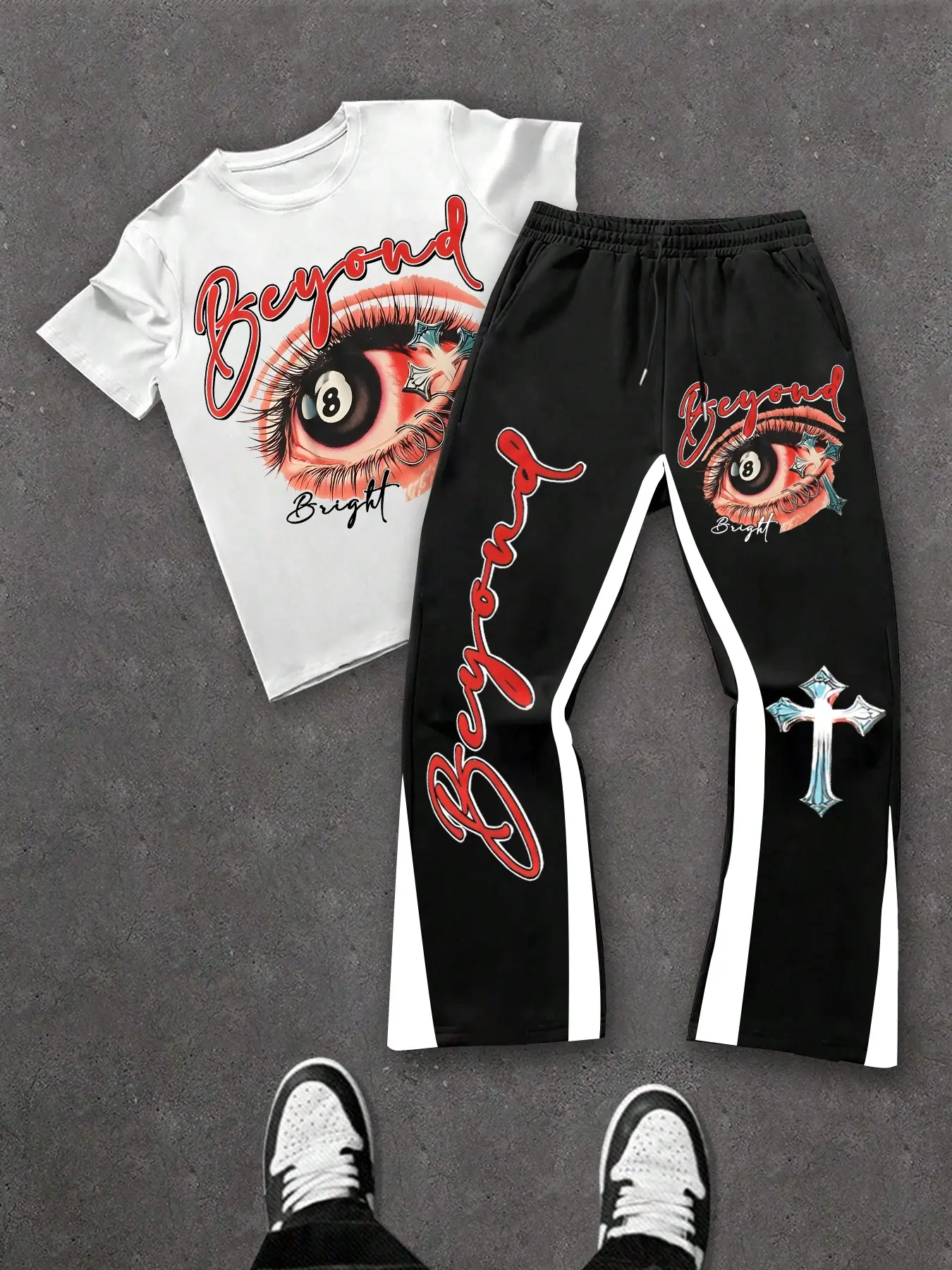 American Street Style Set, Eye-Catching Number 8 Ball Print, Cross Element + Colorblock Flare Pants, Comfortable Casual Streetwear