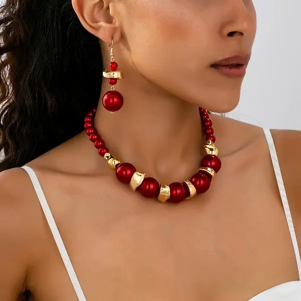 Bohemian Chic Jewelry Set for Women, Retro Wine Red Layered Beads Necklace and Earrings, Banquet Ready with Adjustable Extension Chain, Adjustable Neck, Female Wear, Retro Chic
