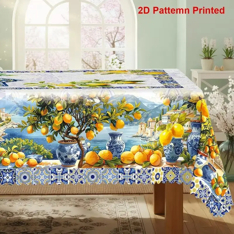 2D Flat Festive Party Tablecloth 1pc, Lemon Theme, Mediterranean Style Print, Rectangular, Ideal for Kitchen, Restaurant, Outdoor Picnic, Dinner Decor