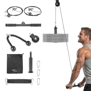 VEVOR Pulley System, 1 PC LAT and Lift Pulley System, Gym Rack Pulleys Attachment with two Steel Cables, Short Bar, Dual Grip Handles, Cable Machine for Bicep, Shoulder, Back, Up to 280 lbs Capacity