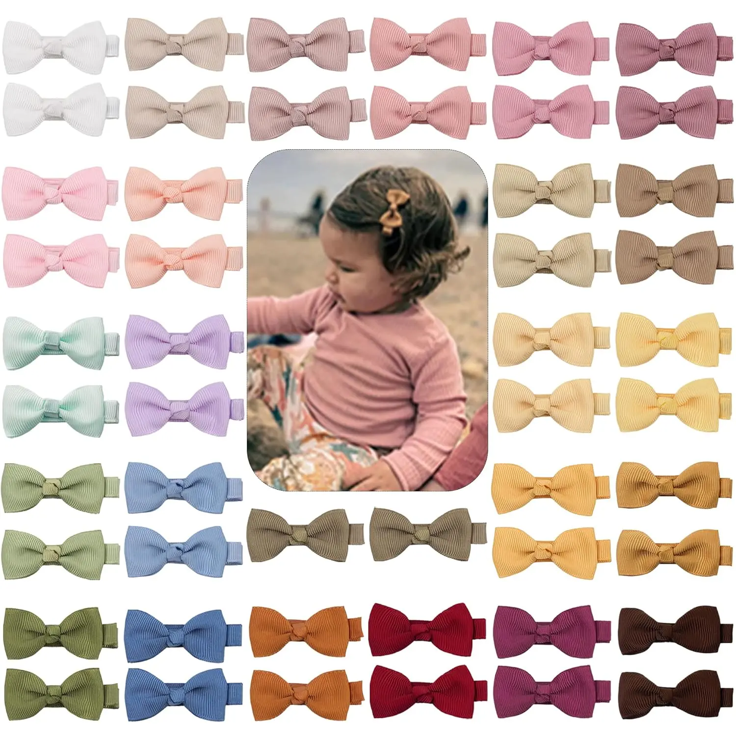 Baby Hair Clips 50PCS Baby Girls Fully Lined Baby Bows Hair Pins Tiny 2" Hair Bows Alligator Clips for Baby Girls Infants Toddlers in Pairs
