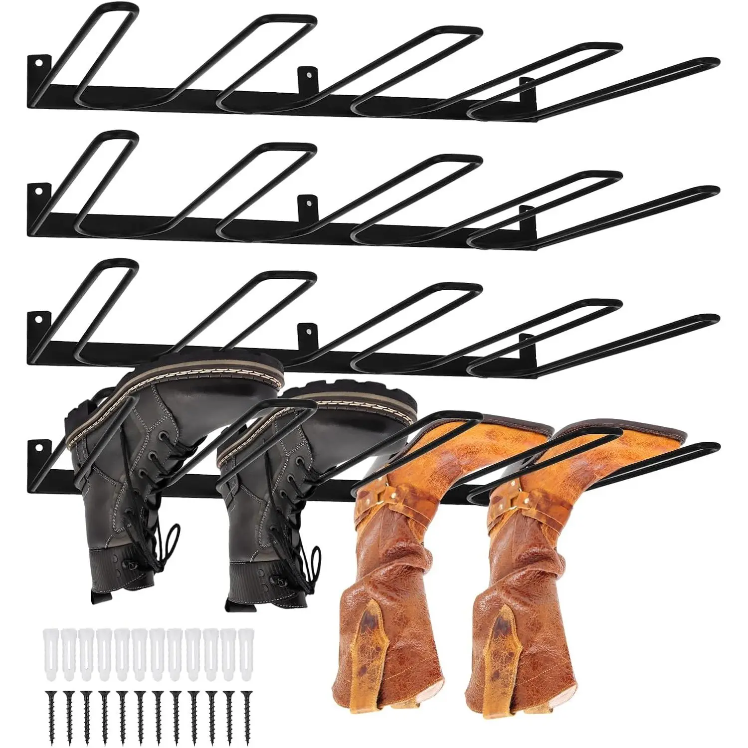 4 Pack Boot Rack Wader Hangers Wall Mount Holds 8 Pairs, Organizer  Metal Tall Holder for Cowboy Garage Storage Closet Entryway Outdoor Drying, Black