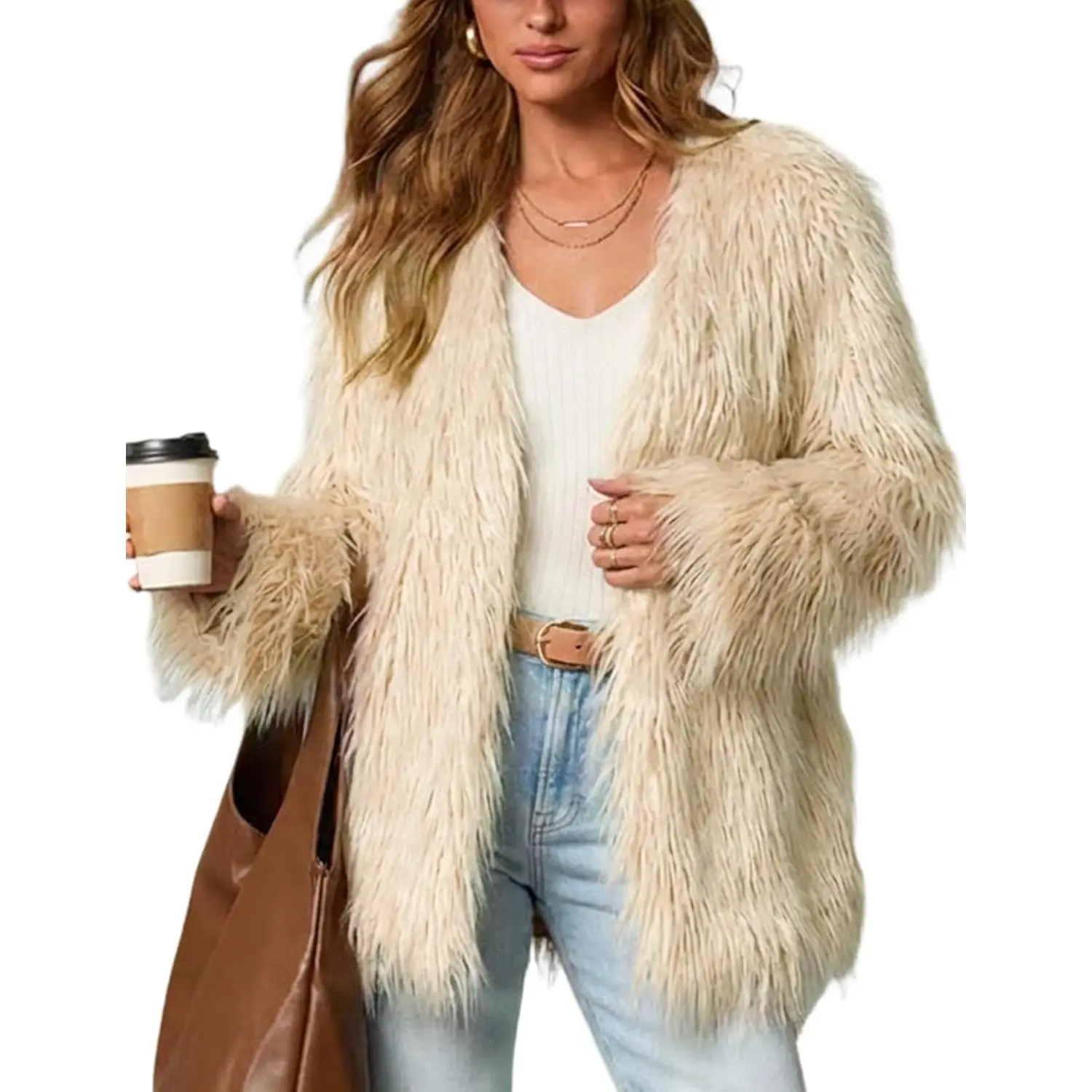 Arssm Women's Faux Fur Coat Fluffy Faux Fur Long Jacket Winter Open Front Furry Shaggy Parka Coats Outerwear
