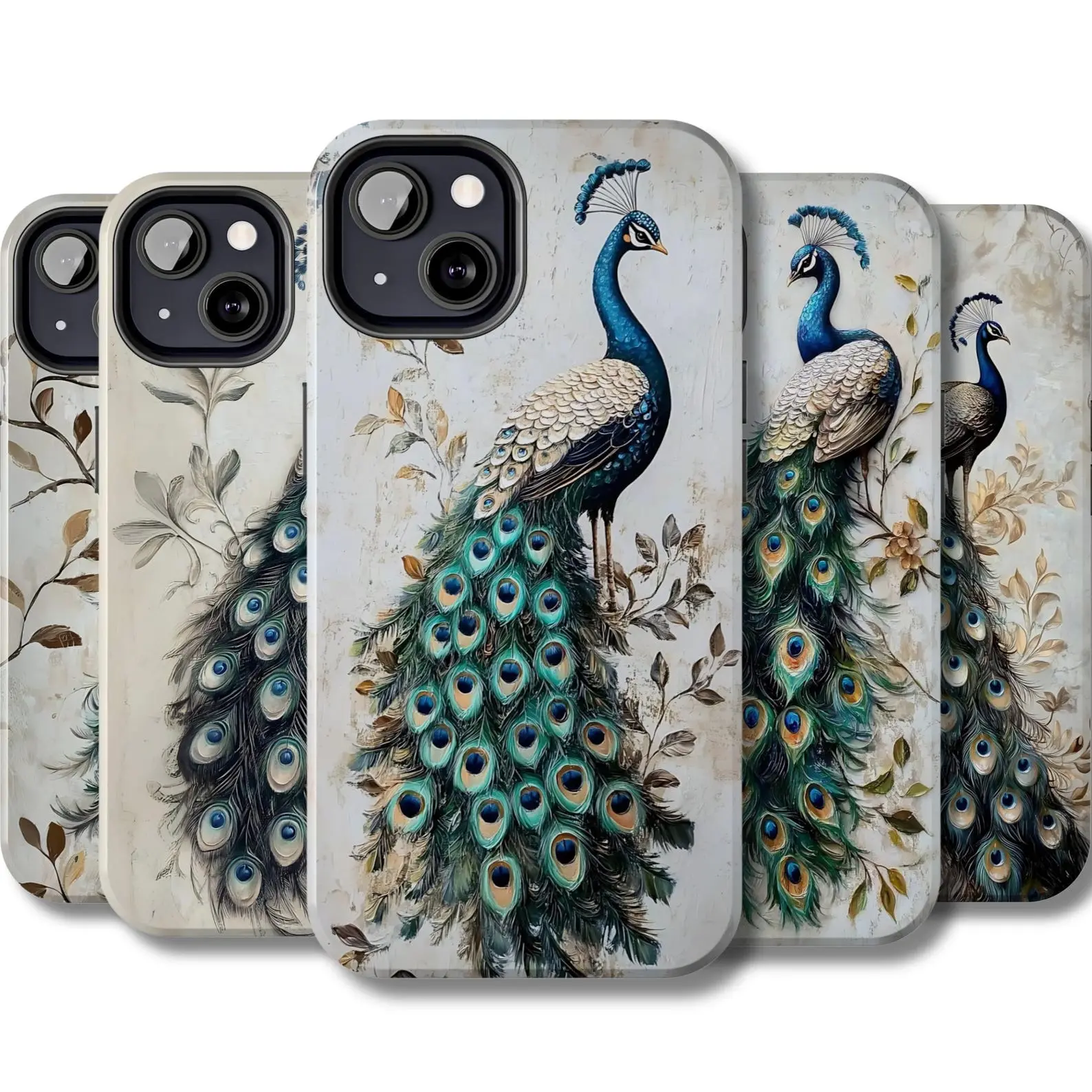 Peacock-patterned phone case featuring bird plumage; compatible with iPhone 11–17 Pro Max/Plus and Samsung Galaxy S23–S25 series—an ideal gift for wildlife enthusiasts.
