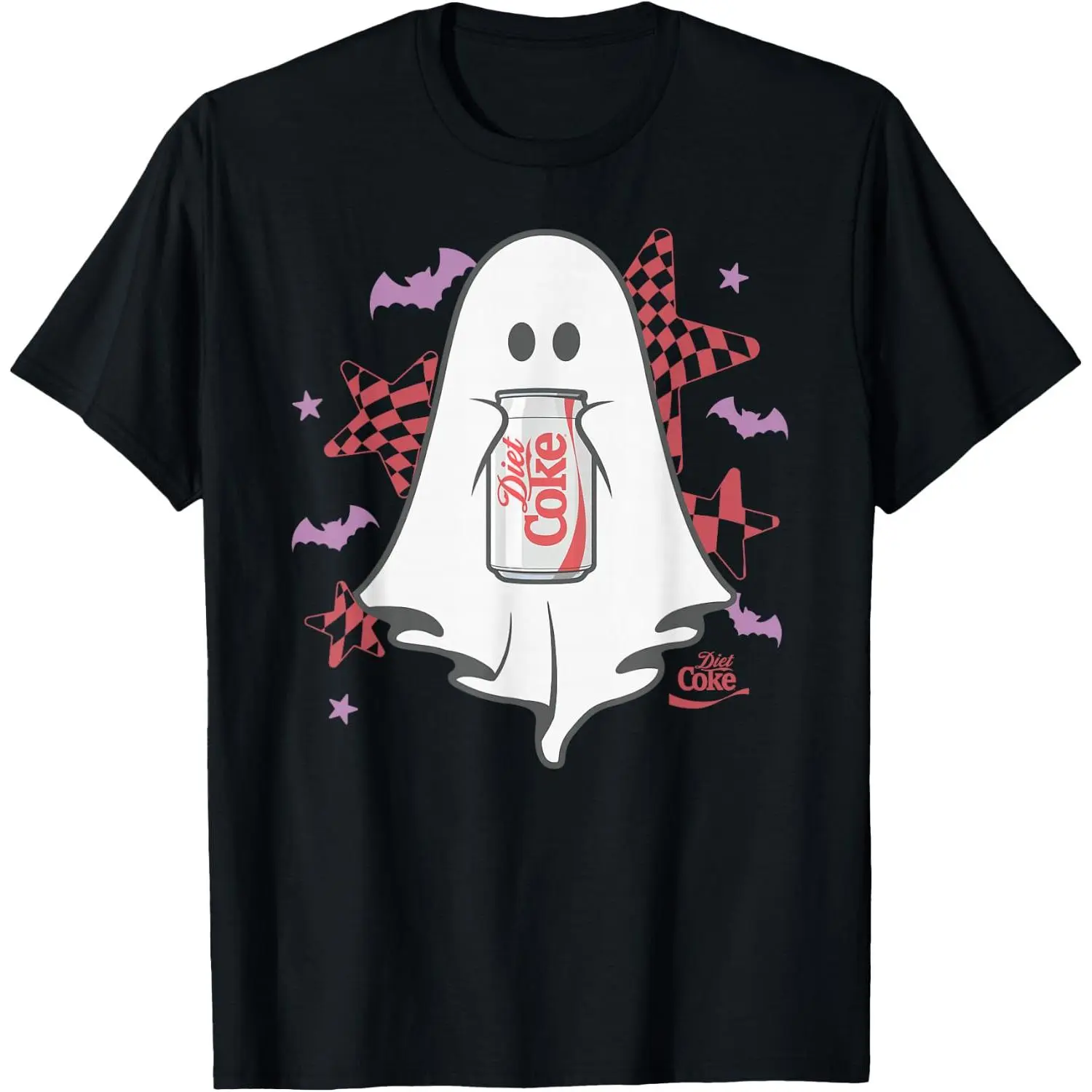 Men's Casual Cotton Breathable Shortsleeve Fit T-Shirt - Coca-Cola Halloween Diet Coke Ghastly Ghost Checkered Stars Design