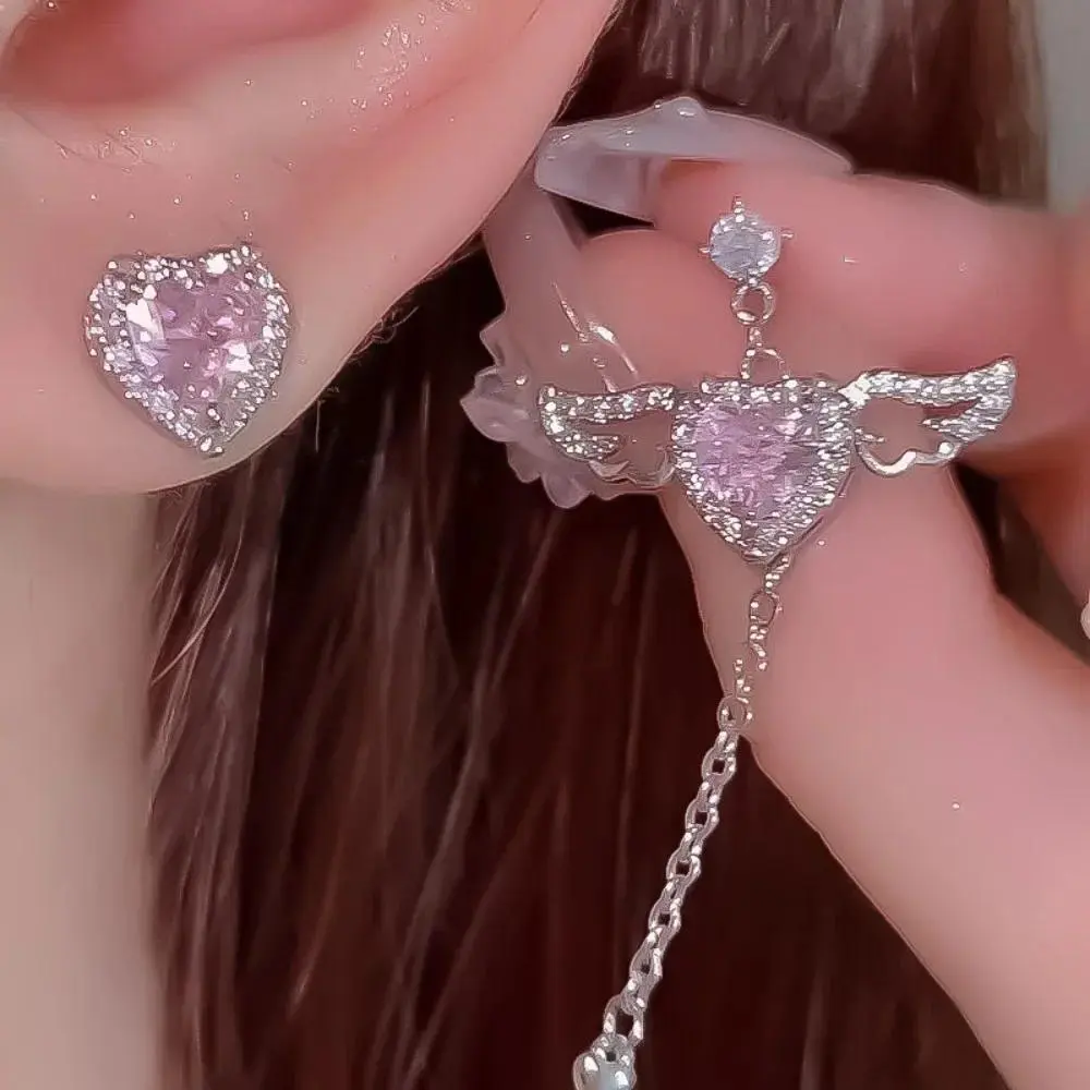 Cute Romantic Pink Heart Crystal Angel Wings Stud Earrings for Women Charm Asymmetry Shiny Zircon Dangle Jewelry Accessories