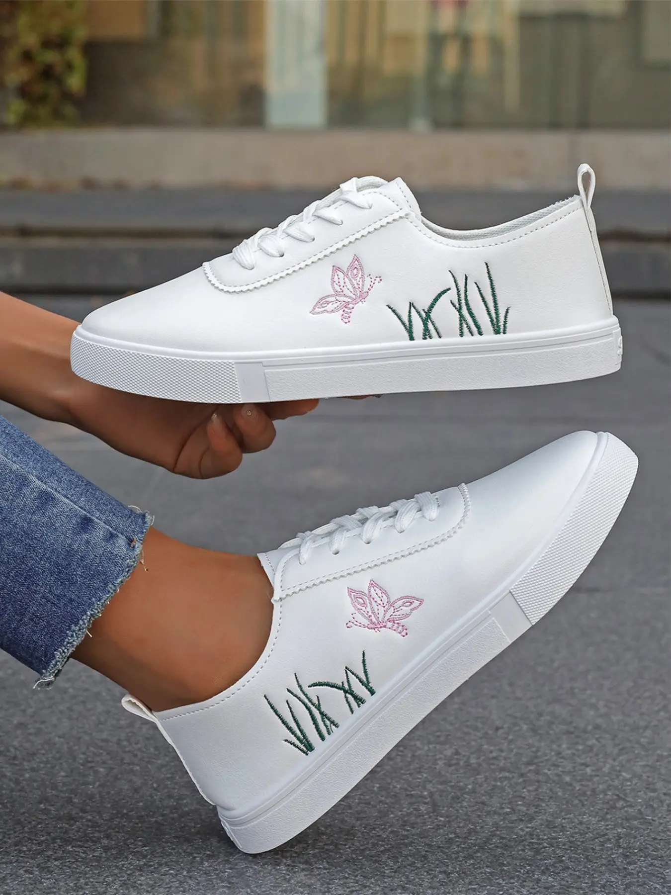 Cartoon Chicken Embroidered Waterproof Leather Shoes, Unique Design Round Wide Shoe Storage, Stylish Casual Footwear for Everyday Wear