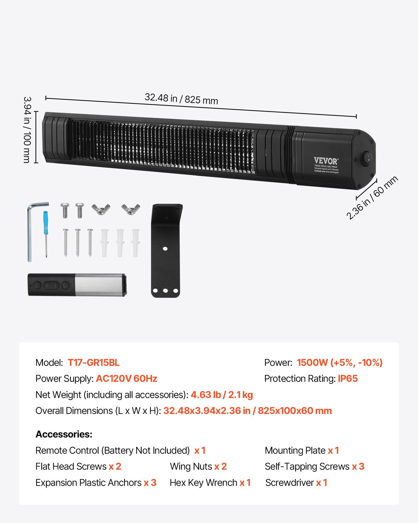 VEVOR Infrared Heater, 1500W Electric Space Infrared Carbon Heater with Remote Control & 9 Speeds & 24h Timer, for Porch,Patio,Dining Room,Studio,Backyard,Garage, Wall Mount Outdoor