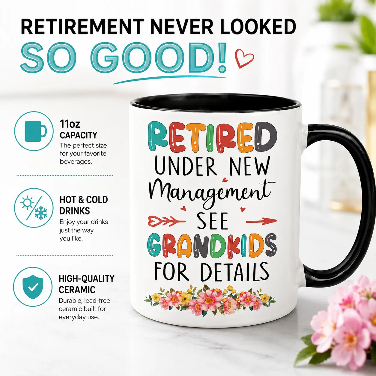 Retired Under New Management Mug 11oz, Funny Retirement Gifts for Women Men, Ceramic Coffee Cup with Black Handle, See Grandkids for Details Grandma Grandpa Gift, Coworker Farewell Party, Microwave Dishwasher Safe