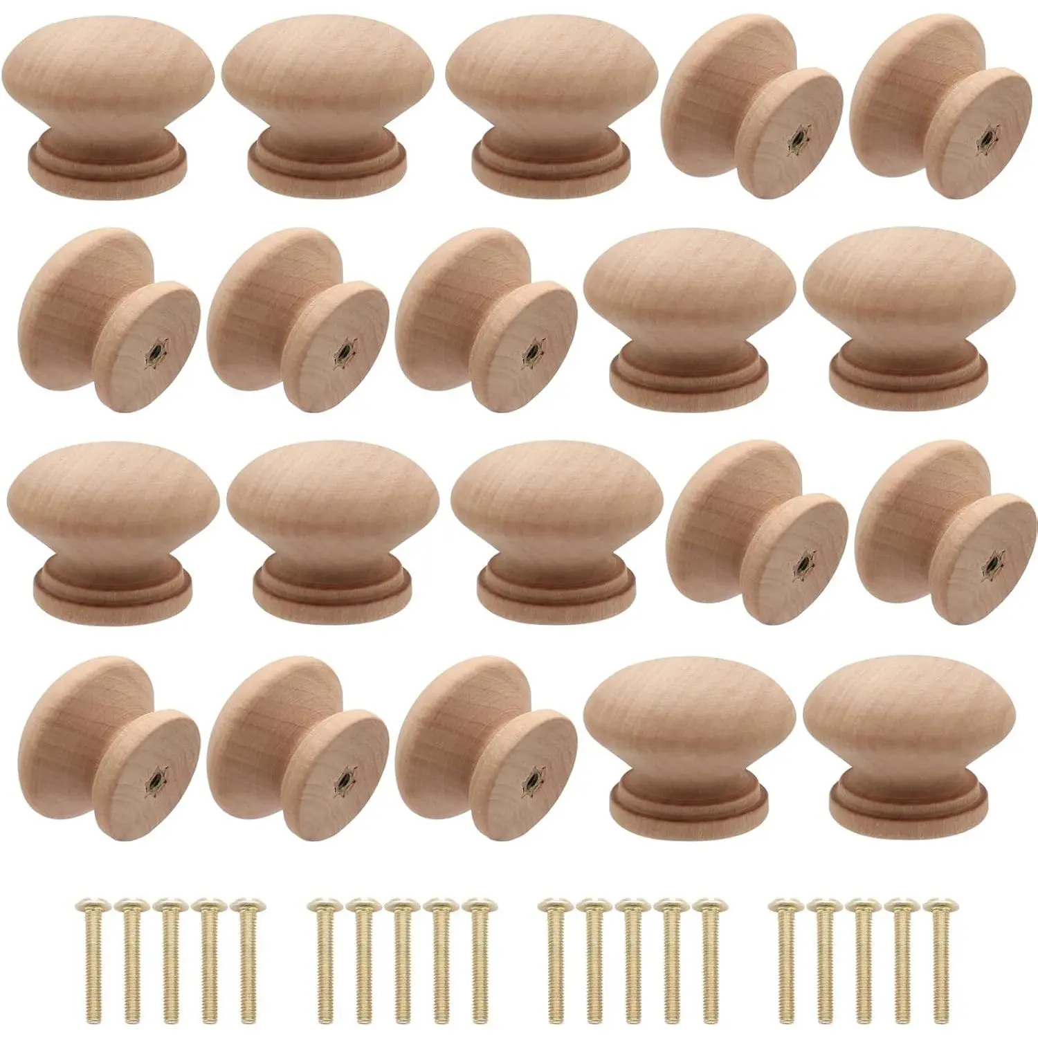 20Pcs Unfinished Wooden Mushroom Cabinet Drawer Knobs Pulls Handles with Screws (1.3" Dia, 1" Height)Gift