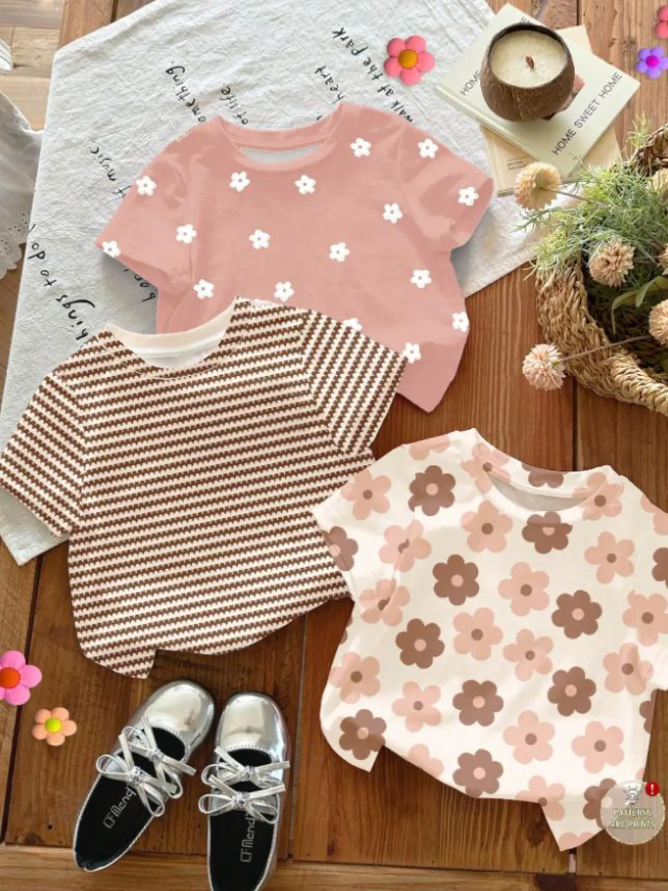 Girls' Toddler 3-Piece Short Sleeve T-Shirts, Soft Breathable Fabric, Round Neck, Daisy Floral Striped Print, Daily Outdoor Travel Wear, Casual Tops