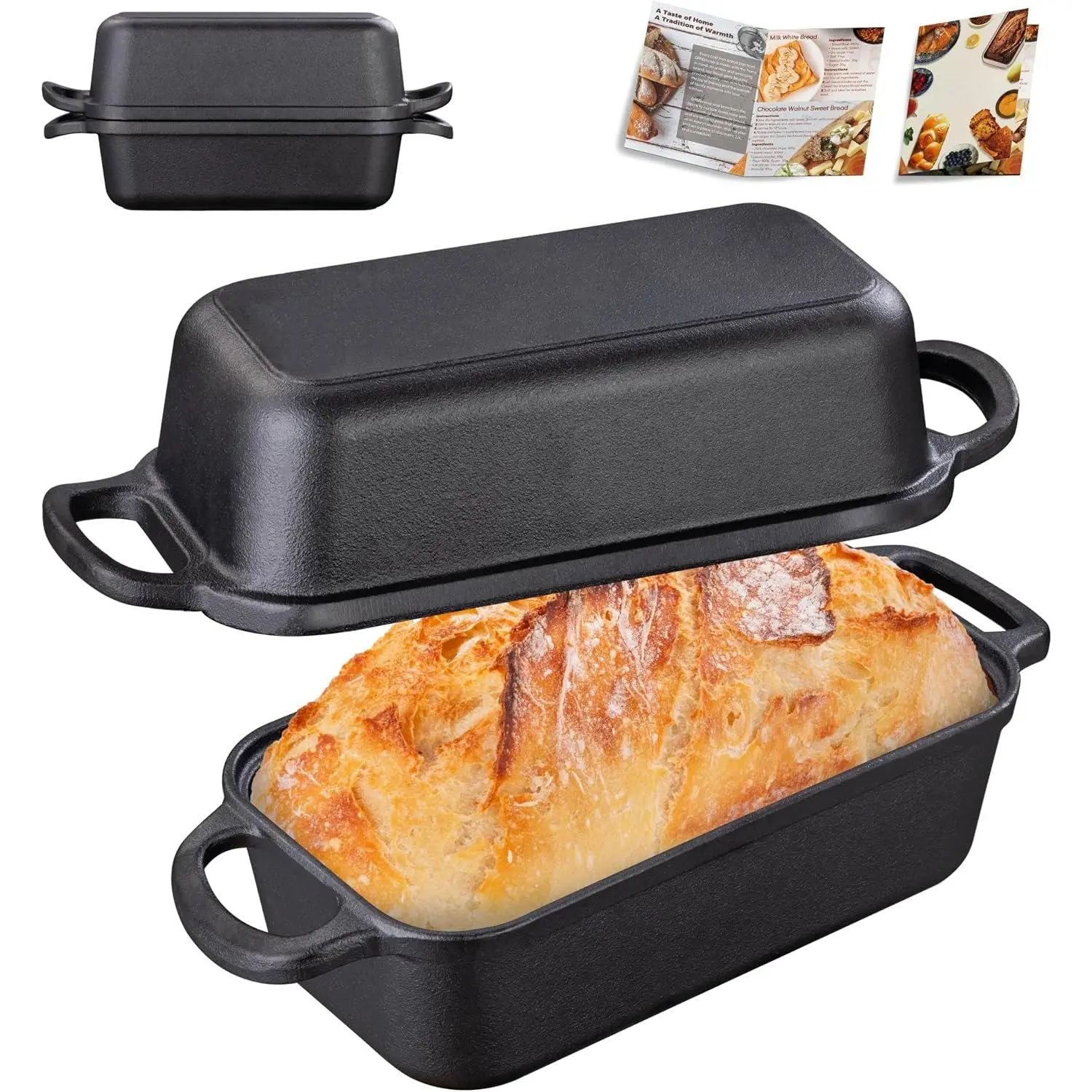GRMImosa Cast Iron Loaf Pan with Lid, Pre-Seasoned 9x5" Sourdough Pan | Cast Iron Loaf Pan with Lid, Heavy-duty 9x5 Inch Baking Pan for Sourdough Bread, 2-in-1 Design, Even Heat Distribution, Black