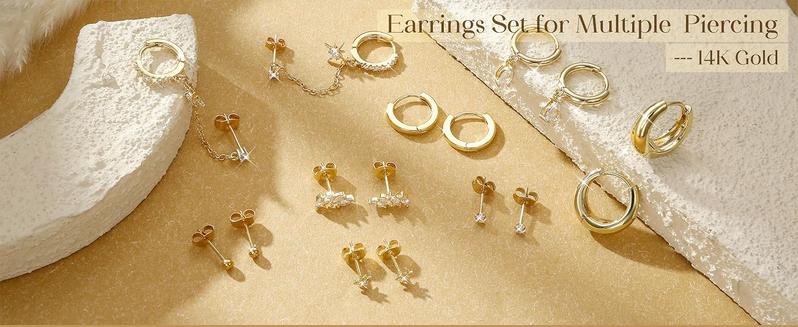 LOLIAS Gold Hoop Stud Earring Stacks for Women - 14K Gold Plated Chain Cartilage Earrings Cute Hypoallergenic Silver Huggie Earrings Sets for Multiple Piercing Jewelry Lightweight 8Pairs