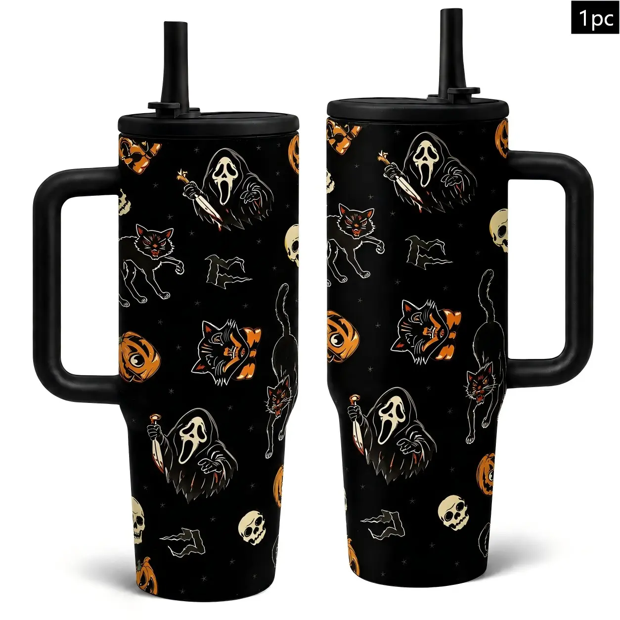 1PC 40oz Black Horror Mask Cat Pumpkin Skull Bat Pattern Insulated Tumbler with Handle & Straw, Double Wall Vacuum Leak-Proof Travel Mug, Hot 12H Cold 24H, Large Water Bottle for Men Women, Halloween Birthday Gift