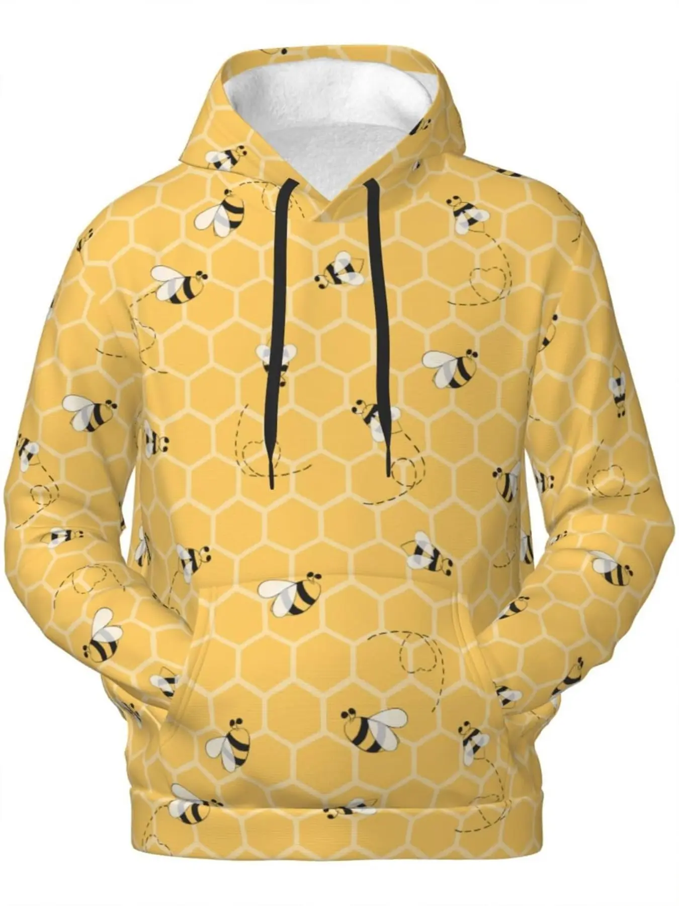 Yellow Honeycomb Bee All-Over Print Hoodie, Cute Playful Casual Long-Sleeve Top