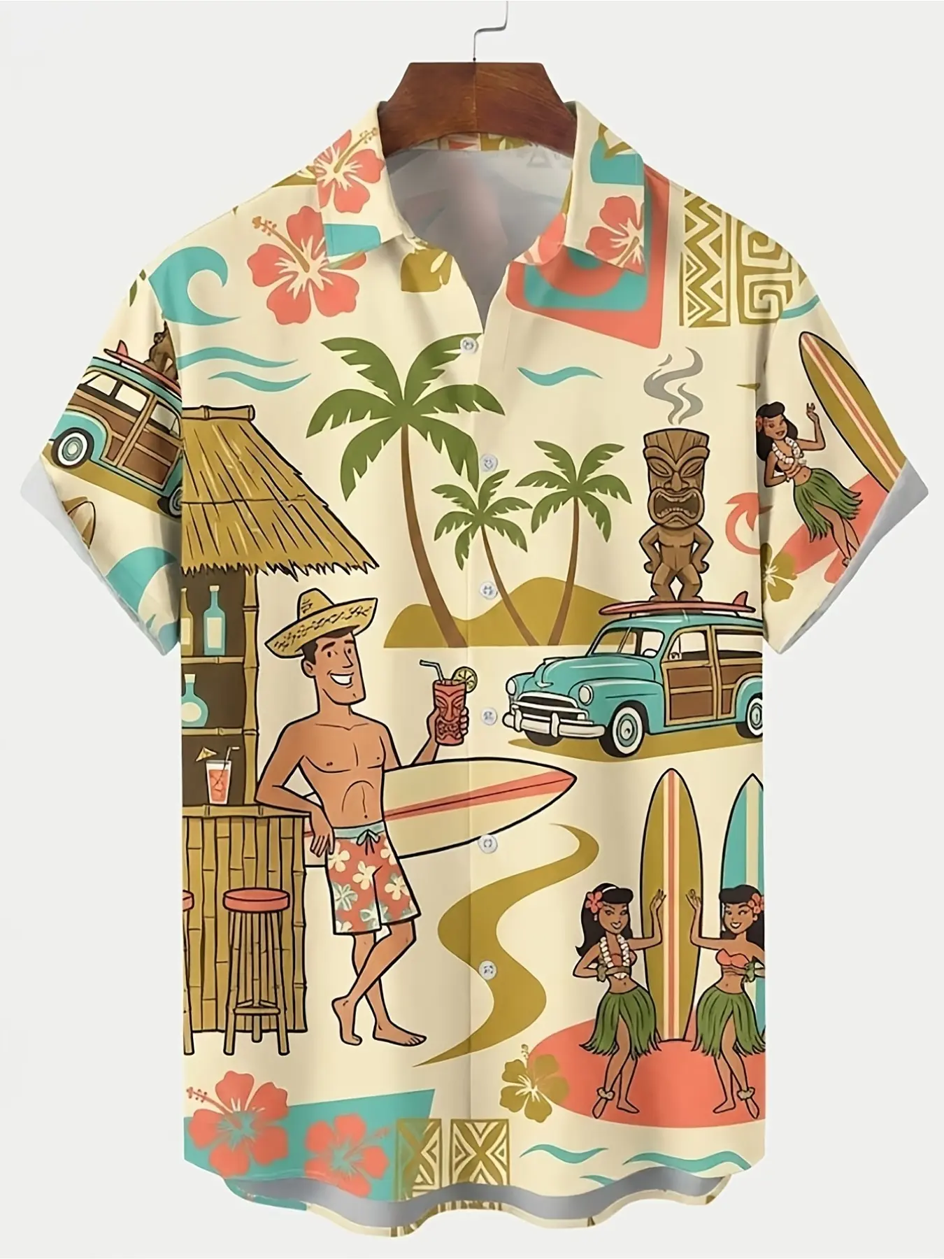 Men Vintage Hawaiian Shirt Retro Tiki Surf Print Short Sleeve Collared Button Down Shirts Tropical Palm Hula Girl Beach Vacation Casual Aloha Shirt Button Up Top