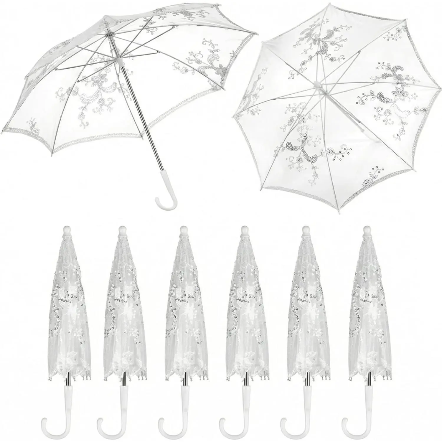 6 Pack 27.6 Inche White Lace Umbrella Bulk Sequins Embroidery Parasol Vintage Bridal Lace Decorative Umbrella for Tea Party Wedding Party Baby Shower Photography Prop